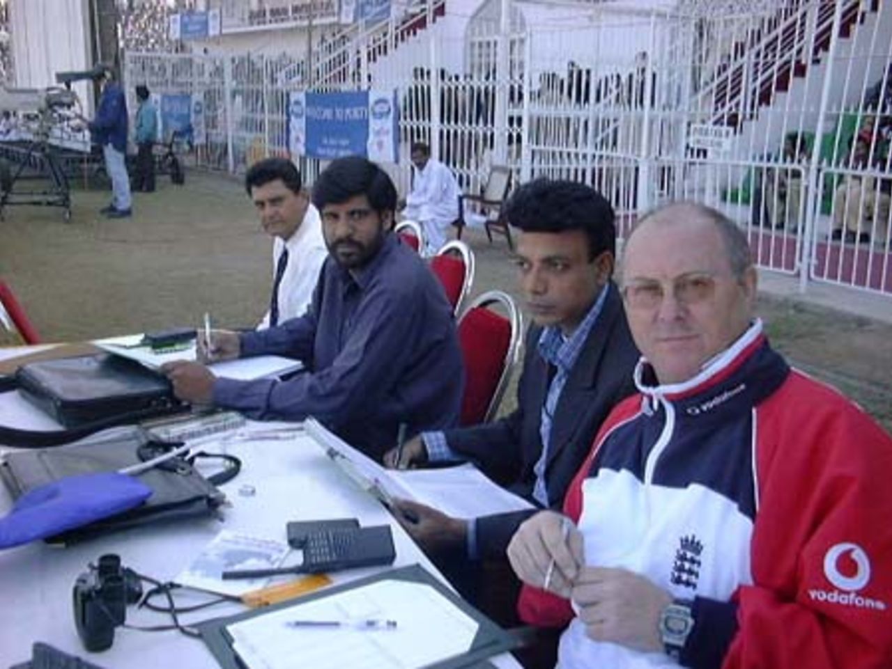 The scorers pause for a portrait at Iqbal Stadium, Faisalabad, 2nd Test England v Pakistan, 29 Nov-3 Dec 2000