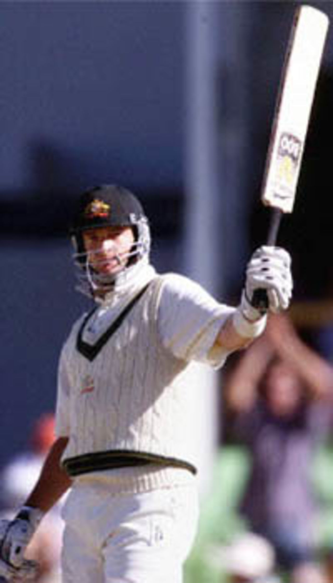 Mark Waugh acknowledges the crowd after reaching his century, The Frank Worrell Trophy, 2000/01, 2nd Test, Australia v West Indies, W.A.C.A. Ground, Perth, 01-05 December 2000 (Day 2).