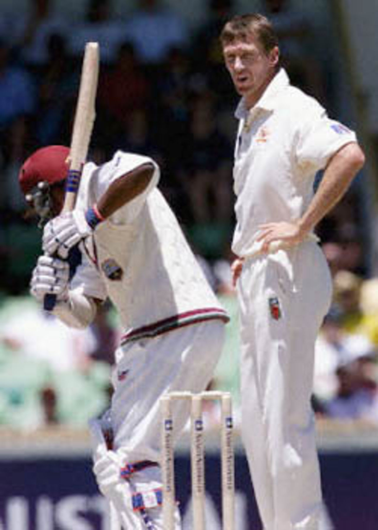 Glenn McGrath stares at Brian Lara after beating the bat, The Frank Worrell Trophy, 2000/01, 2nd Test, Australia v West Indies, W.A.C.A. Ground, Perth, 01-05 December 2000 (Day 3).