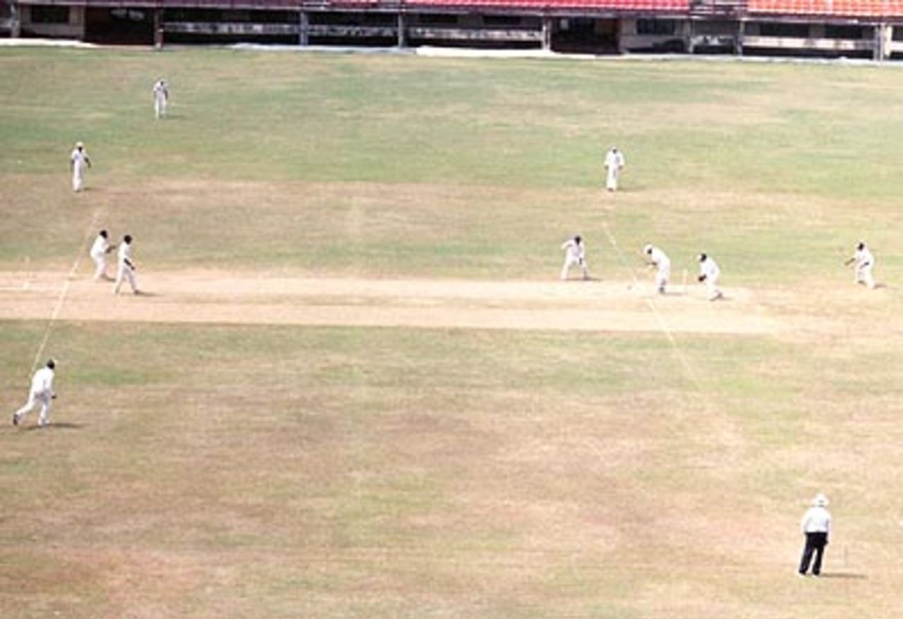 A bird's eye view as J Arun Kumar plays Ananthapadmanabhan. Ranji Trophy South Zone League 2000/01, Kerala v Karnataka, Nehru Stadium, Kochi, 22-25 November 2000