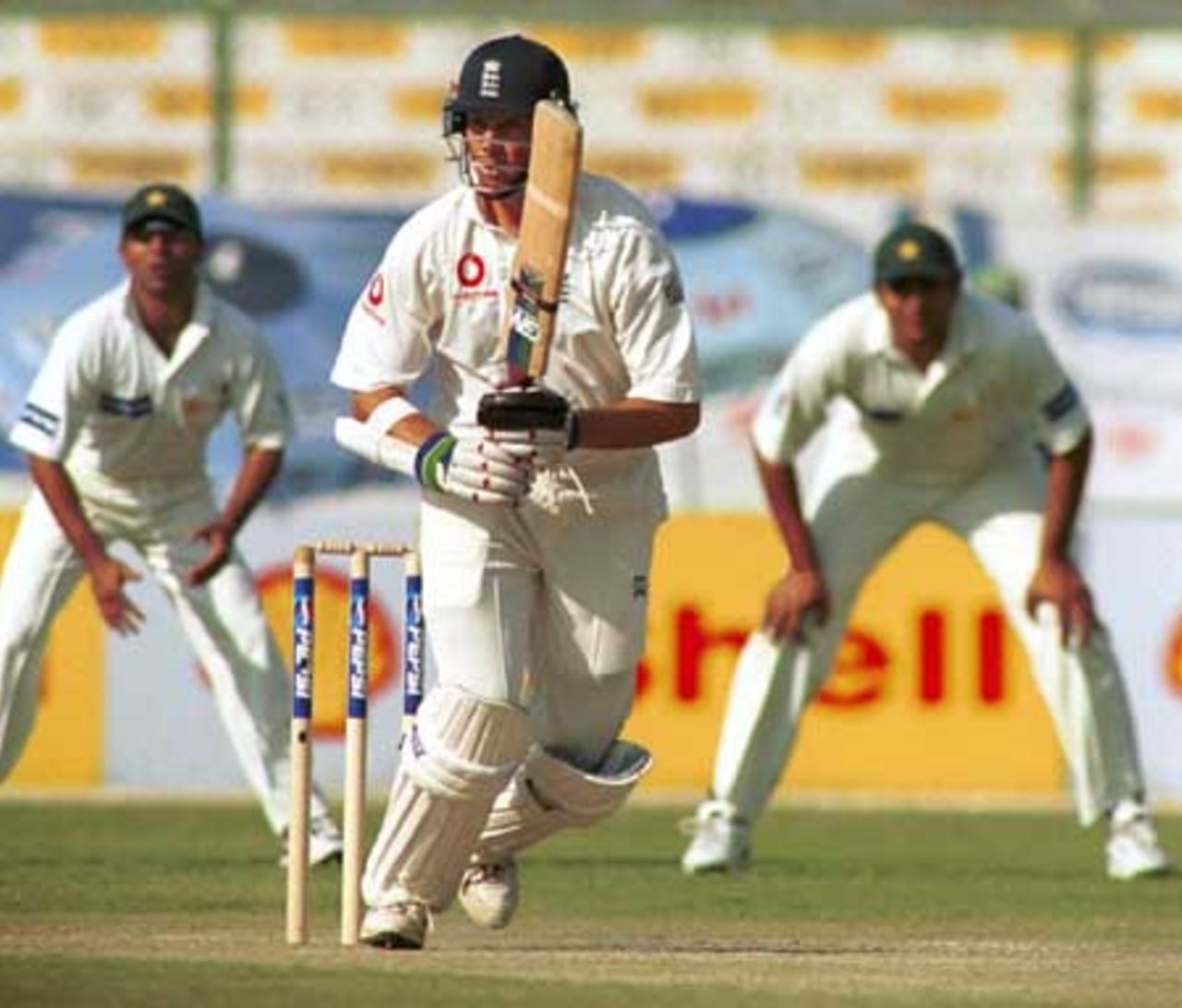 Thorpe - off for a single as he plays the ball to mid-on, Day 3, 3rd Test Match, Pakistan v England at Karachi, 7 Dec-11 Dec 2000.