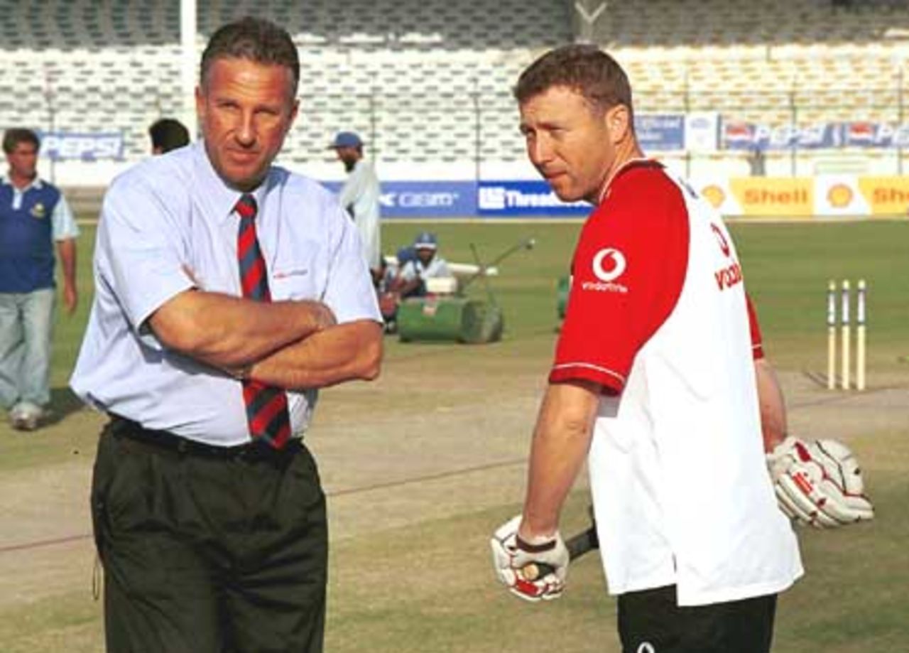 Atherton - the innings saviour with ex-England skipper Ian Bothom, Day 4, 3rd Test Match, Pakistan v England at Karachi, 7 Dec-11 Dec 2000.