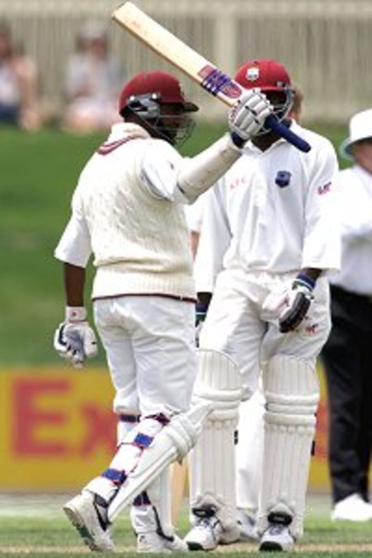 11 Dec 2000: Brian Lara of the West Indies reaches his century, during day three of the four day tour match between Australia A and the West Indies, at Bellerive Oval, Hobart, Australia.