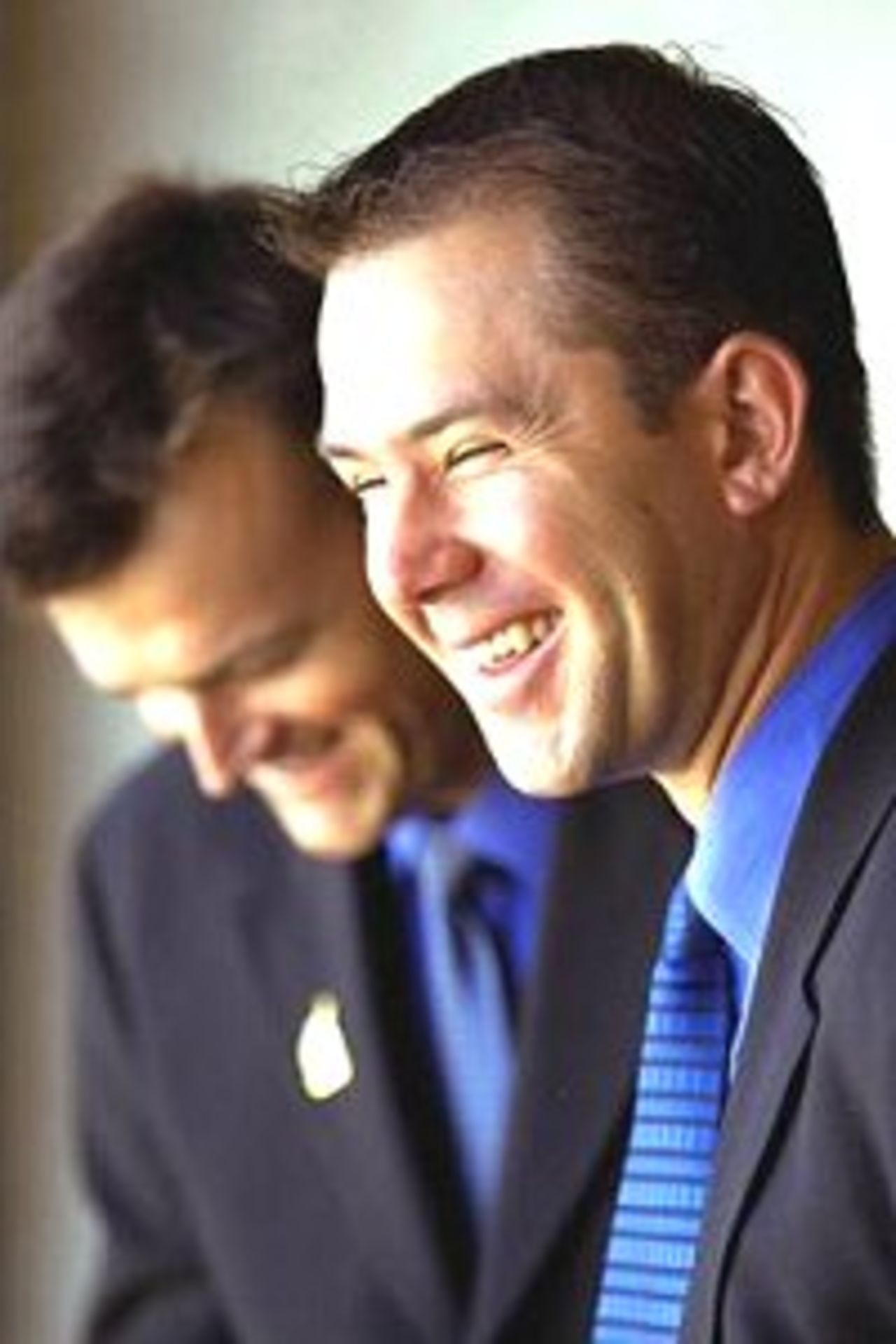 Adam Gilchrist and Ricky Ponting of Australia share a joke after an ACB Press Conference in which Gilchrist was announced as Australian captain and Ponting vice-captain, held at Melbourne Airport in Melbourne, Australia.