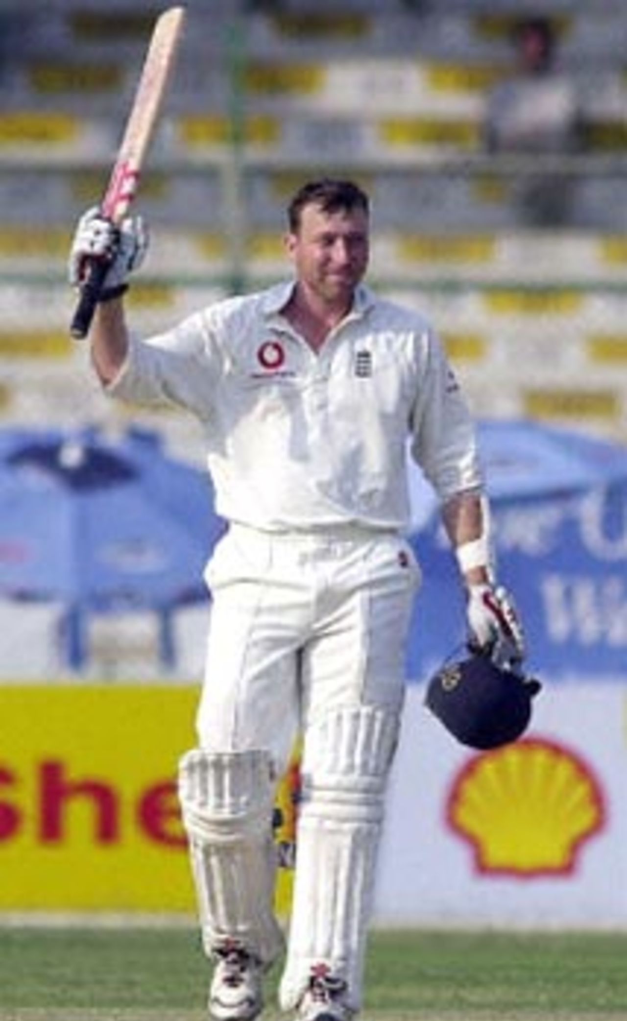 England opener Michael Atherton acknowledges the applause of the crowd on reaching his 16th Test hundred on day three of the third and final Tests at National stadium Karachi, 09December, 2000. Atherton took 417 minutes and hit seven boundaries as England reached 240-3 in reply to Pakistan's 405 in their first innings.