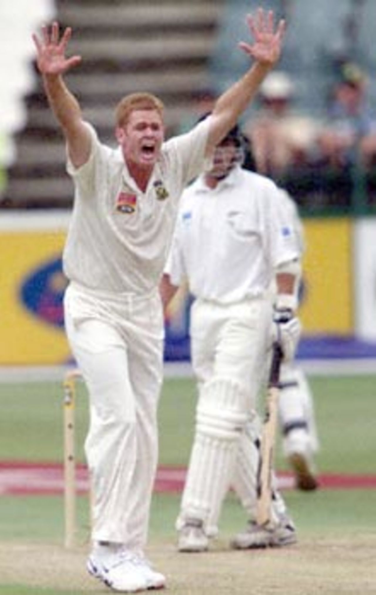 South African captain Shaun Pollock appeals for a LBW against New Zealand's Mark Richardson 09 December 2000, during the second day of the third and last five day cricket test between the two countries , at the Wanderers cricket grounds in Johannesburg.