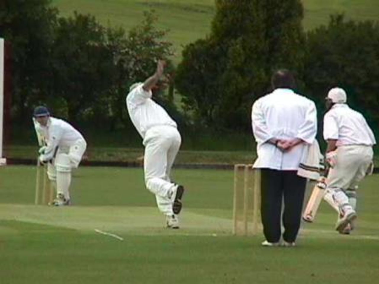 Ex Accrington bowler Mark Greenhalgh now of Enfield delivering to Steve Birtwistle