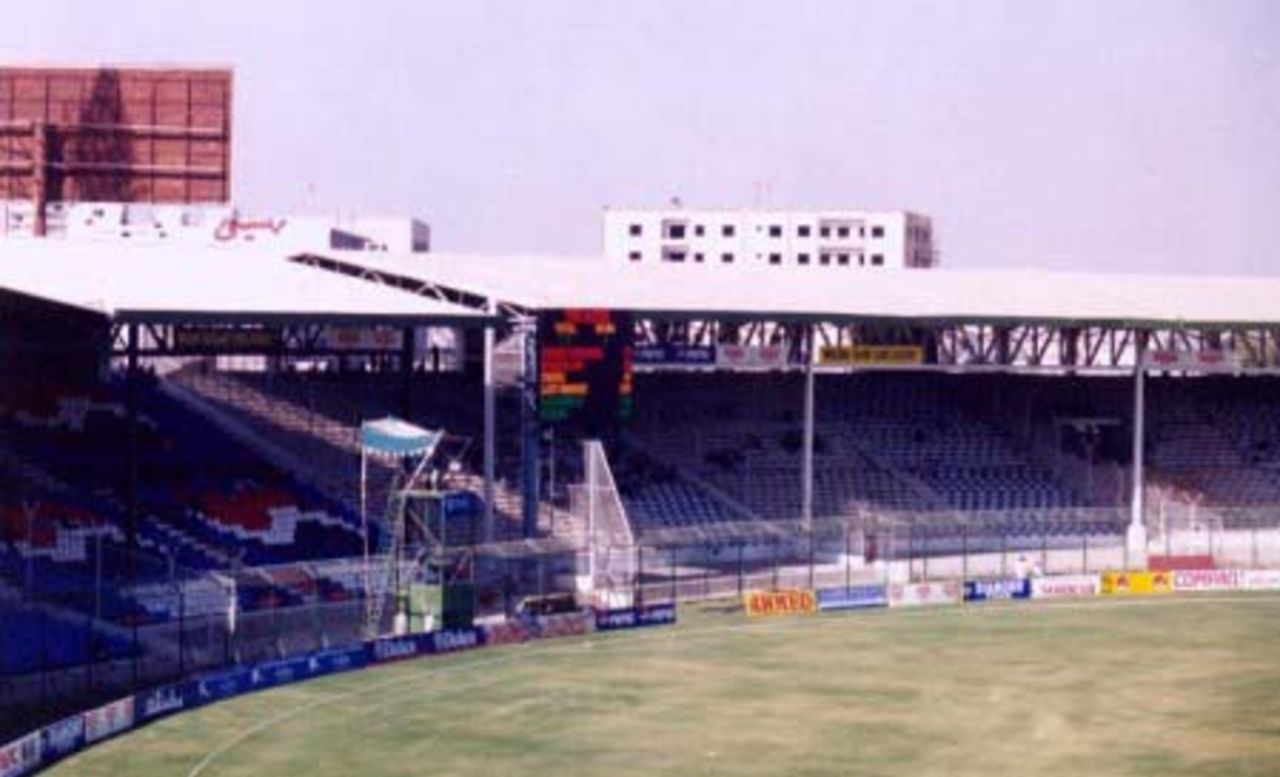 A view of the electronic scoreboard and stands of National Stadium, Karachi during day 5, 3rd Test Match, England in Pakistan 2000-01