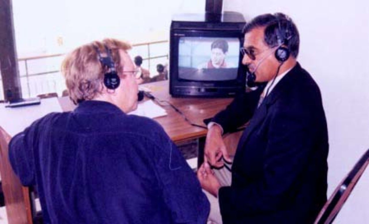 Brig Munawar Rana, the new Director PCB, being interviewed by CricInfo's Stephen Lamb at the National Stadium, Karachi during day 5, 3rd Test Match, England in Pakistan 2000-01