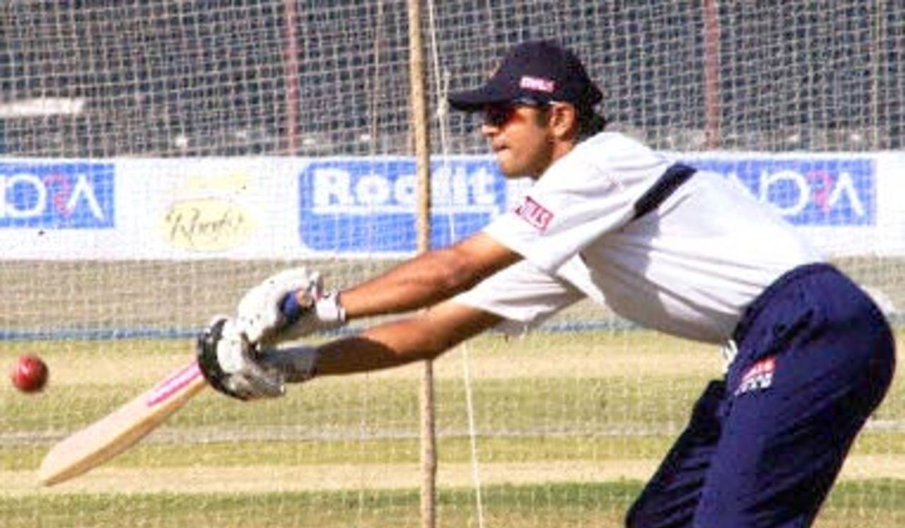 Acting captain of the Indian side Rahul Dravid practices batting at the nets 13 December 2000 ahead of the final one-day International against Zimbabwe at the Municipal cricket ground at Rajkot. India has an insurmountable 3-1 lead against Zimbabwe ahead of the 14 December Test.