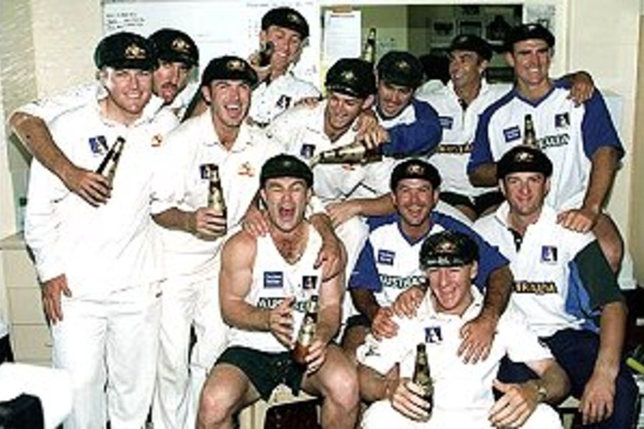 19 Dec 2000: The Australian cricket team celebrate victory by five wickets over the West Indies during the fifth days play of the Third Test match between Australia and West Indies at the Adelaide Oval in Adelaide, Australia. Australia retain the Frank Worrell trophy with a 3-0 lead in the five match series.