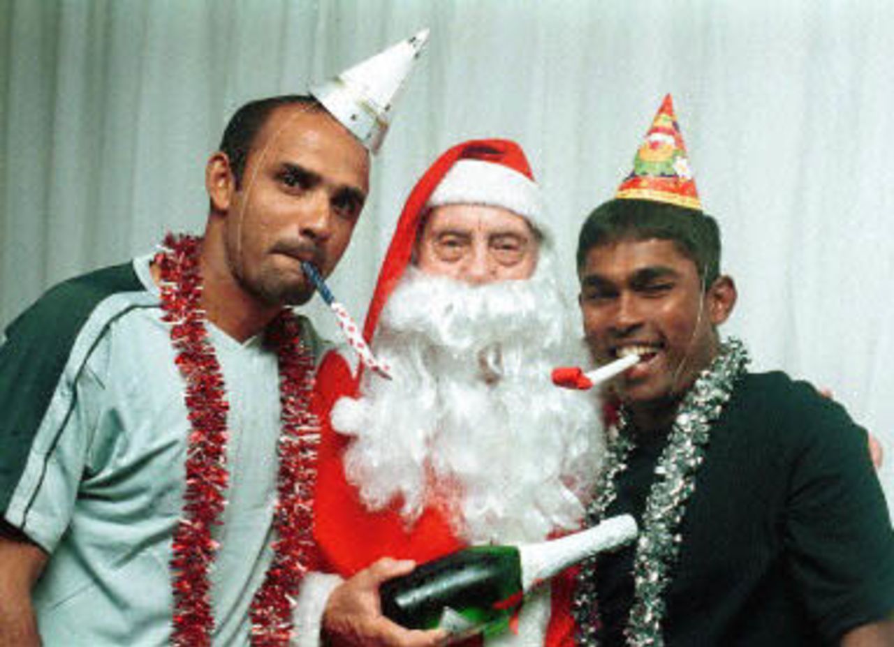 Sri Lankan cricket vice captain and opening batsman Marvan Atapattu and wicket keeper batsman Romesh Kaluwitharana request at a Christmas dinner for a Christmas wish from Santa Clause,Walter Keeble,to win the first cricket test match against the South Africans at the Holiday Inn Hotel on the 25 December 2000. The five day test match starts 26 December 2000 at Durban's Kingsmead Cricket stadium.
