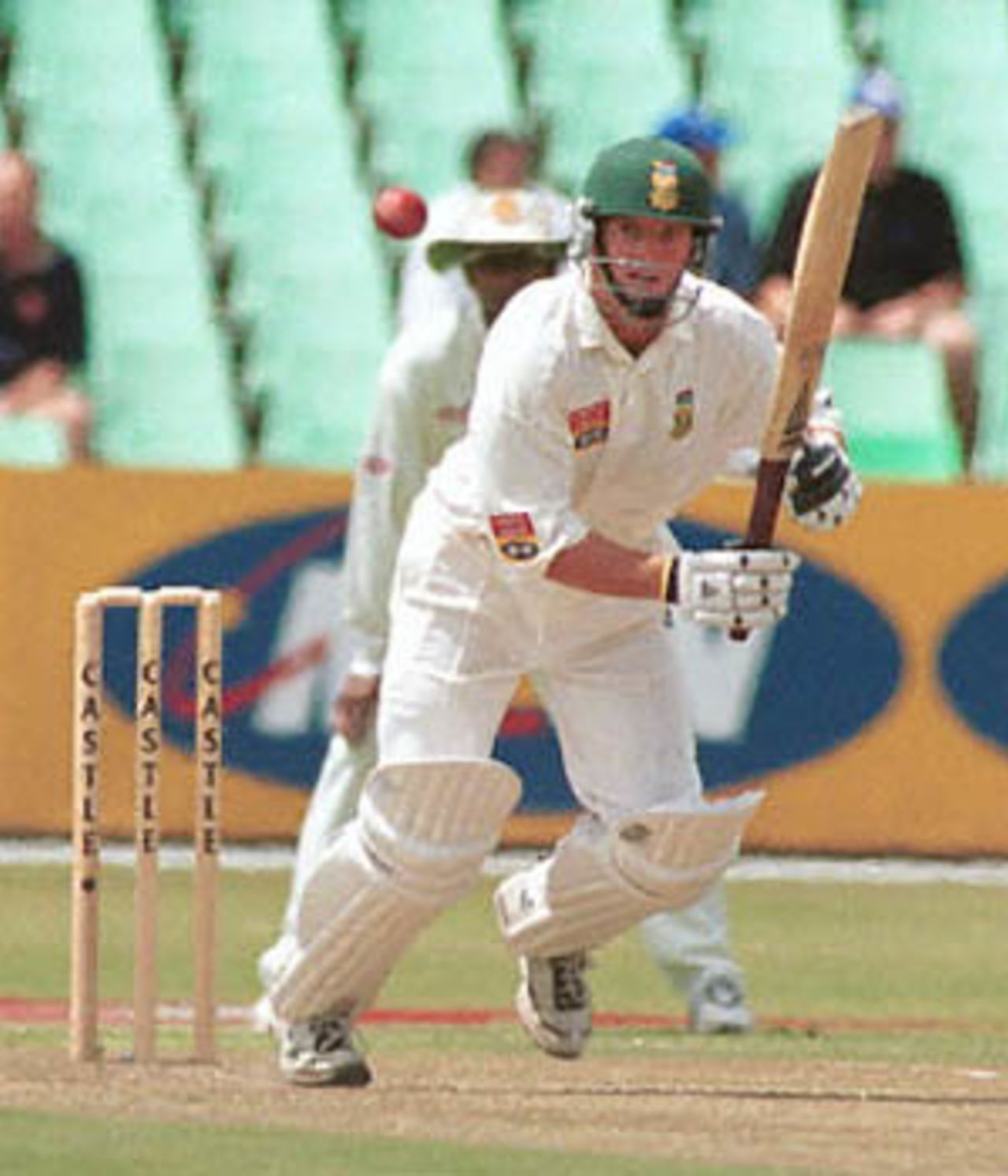 South African opening batsman Gary Kirsten plays on the on side on his way to his 11 Test century by scoring 120 runs not out at Durban's Kingsmead cricket stadium during the first day of the first cricket Test match between South Africa and Sri Lanka, 26 December 2000.