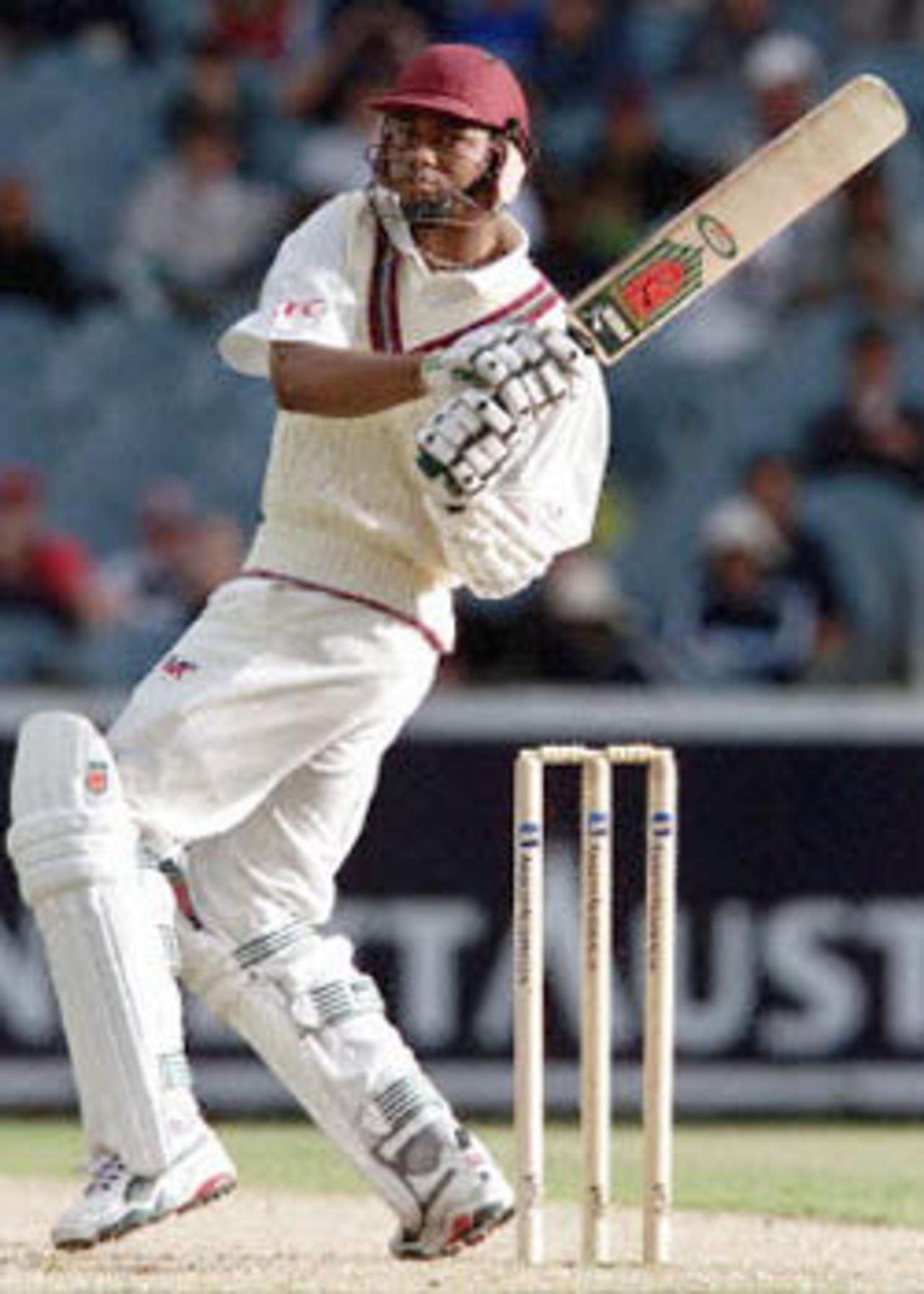 West Indian batsman Marlon Samuels hooks a ball fine from Australia paceman Andrew Bichel as the West Indies just manage to avoid the follow on on the second day of the fourth Test Match at the MCG in Melbourne, 27 December 2000. The West Indies scored 165 runs in their first innings with Samuels top scoring with 60 not out in reply to Australia's total of 364 runs with Australia to start their second innings tomorrow December 28.