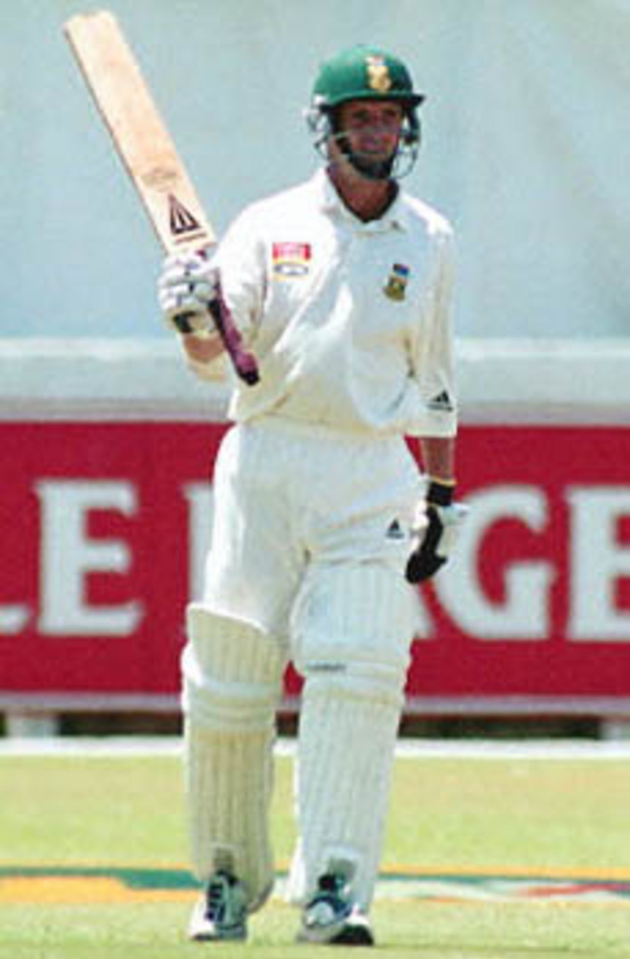 South African opening batsman Gary Kirsten reaches his 150 run mark at Durban's Kingsmead cricket stadium on 27 December 2000 during the second day of the first test match. He went on to score 180.