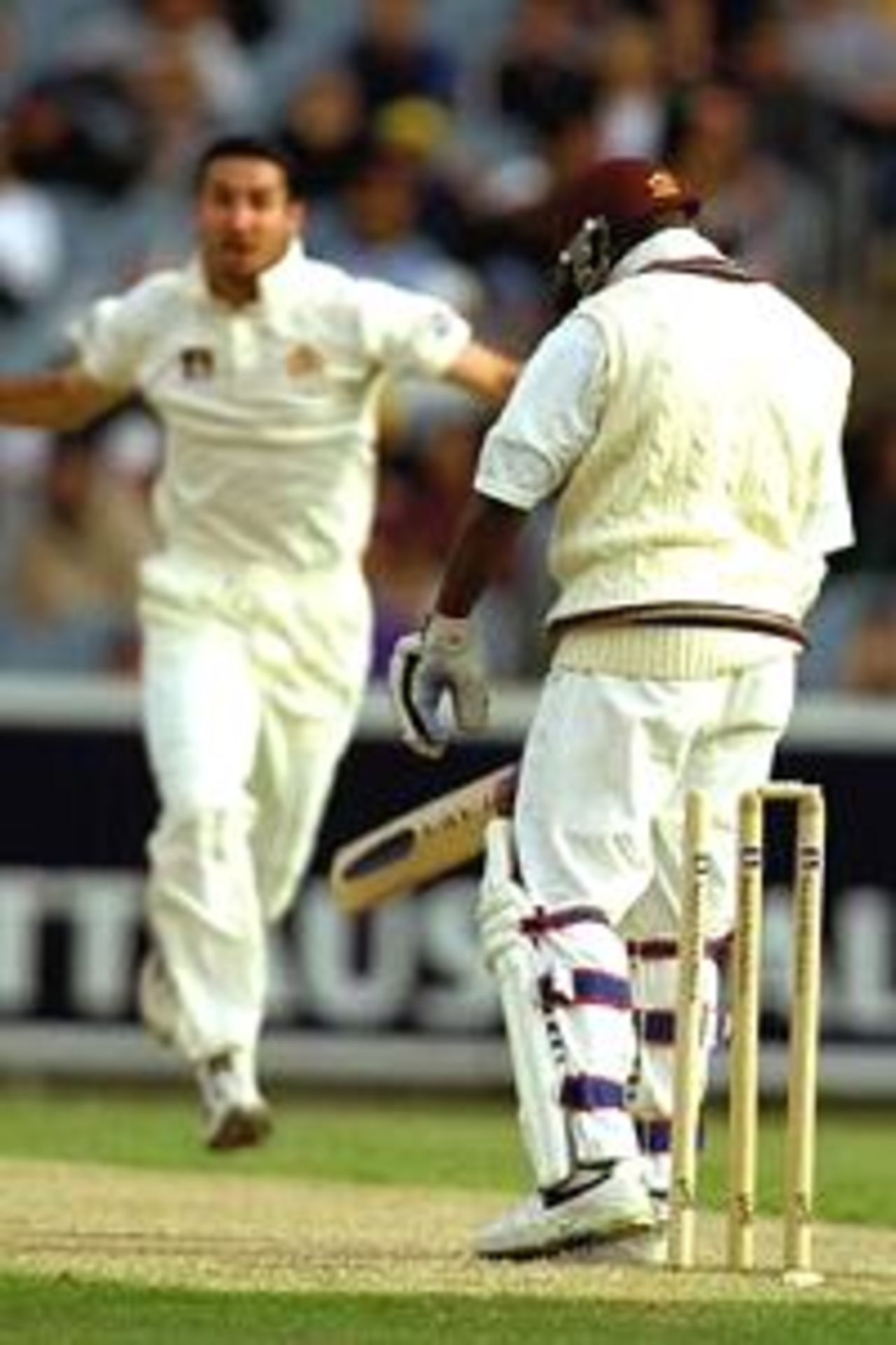 28 Dec 2000: Jason Gillespie of Australia runs down the pitch as he celebrates dismissing Brian Lara of the West Indies, in the 4th test match between Australia and the West Indies, played at the Melbourne CricketGround in Melbourne, Australia.