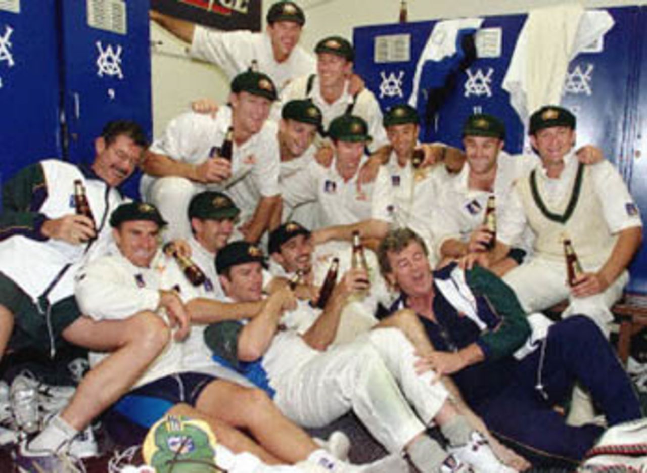 The Australian cricket team celebrates after defeating the West Indies on the fourth day of the fourth Test match at the MCG in Melbourne, 29 December 2000. Australia won the match by 352 run with paceman Jason Gillespie demolishing the West Indies taking 6-40. Australia lead the series 4-0 and extend their world record winning run to fourteen consecutive victories.