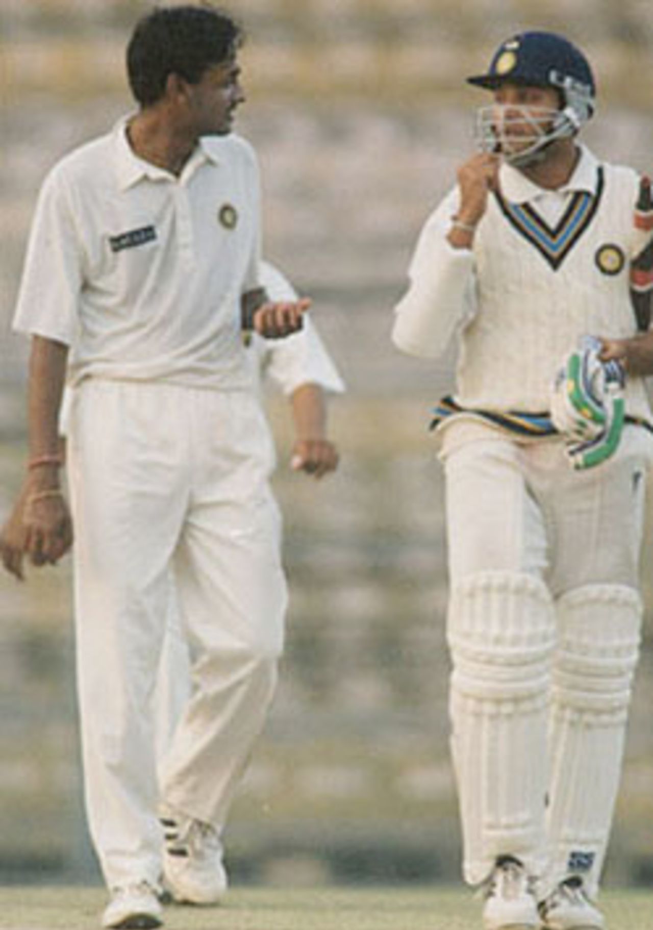 Mohanty has a chat with the batsman on his way to the bowling mark. Ranji Trophy East Zone League, 2000-01, Bengal v Orissa, Eden Gardens, Calcutta, 28-31 December 2000 (Day 3).