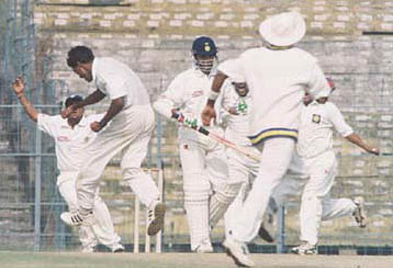 Mohanty ecstatic about the dismissal of Ganguly. Ranji Trophy East Zone League, 2000-01, Bengal v Orissa, Eden Gardens, Calcutta, 28-31 December 2000 (Day 4).