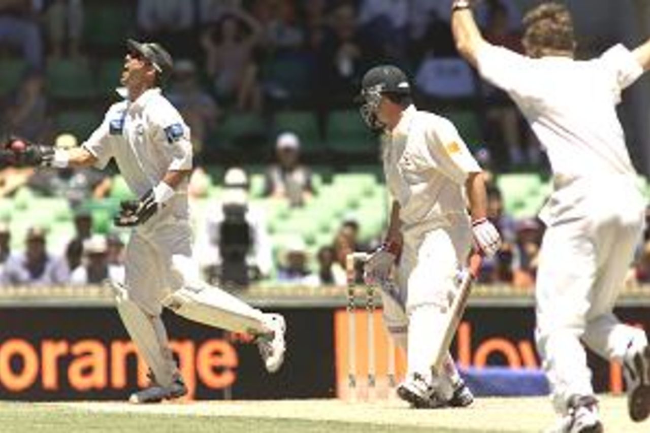 2 Dec 2001: Adam Parore of New Zealand celebrates as he catches Steve Waugh of Australia off the bowling of Daniel Vettori for eight during day three of the Third Test between Australia and New Zealand played at The WACA, Perth, Australia.
