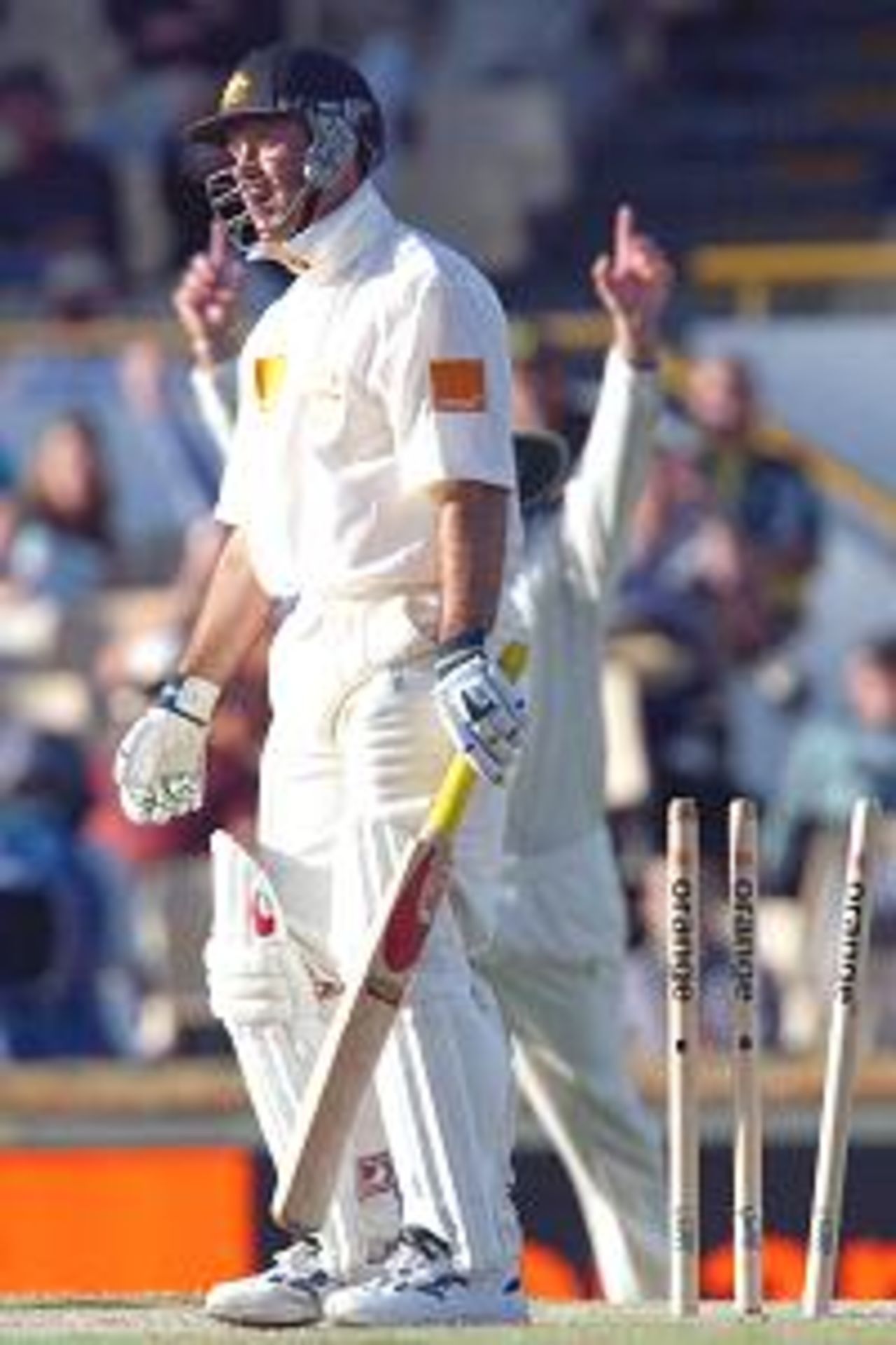 03 Dec 2001: Ricky Ponting for Australia is clean bowled by Chris Cairns for New Zealand during day 4 of the third Orange Test being played at the WACA ground Perth, Australia.