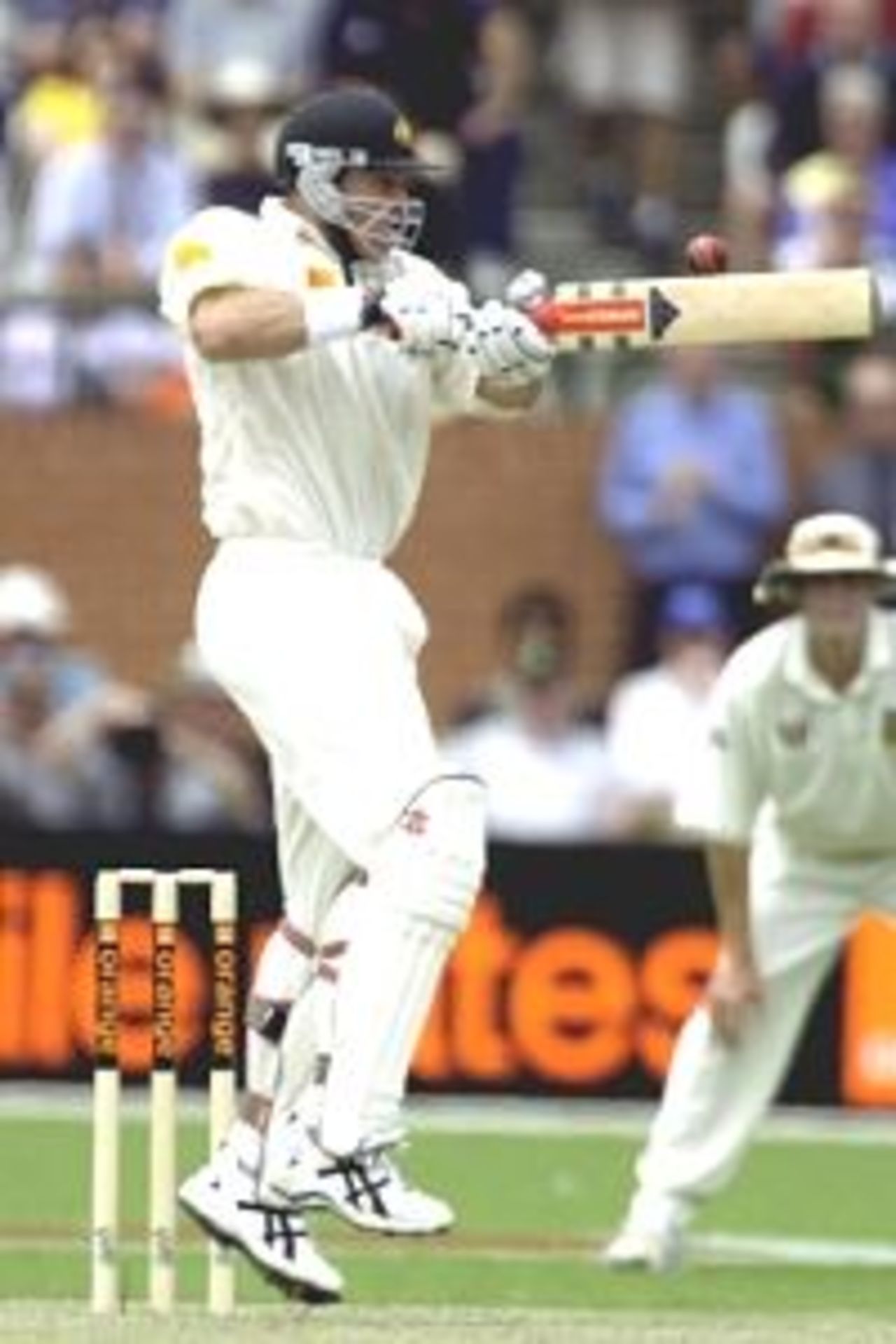 14 Dec 2001: Matthew Hayden of Australia plays at a ball from Makhaya Ntini of South Africa in his innings of 31 on the first day of the first test between Australia and South Africa played at Adelaide Oval in Adelaide, Australia.