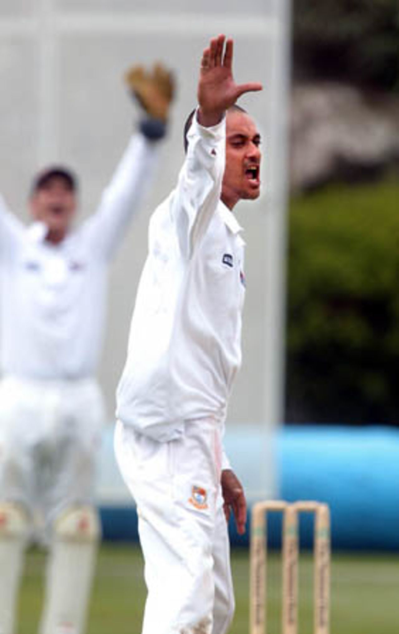 Auckland bowler Tama Canning successfully appeals for lbw to dismiss Bangladesh batsman Manjural Islam for 0. Wicket-keeper Reece Young appeals in the background. Tour match: Auckland v Bangladeshis at Eden Park Outer Oval, Auckland, 12-15 Dec 2001 (12 December 2001).