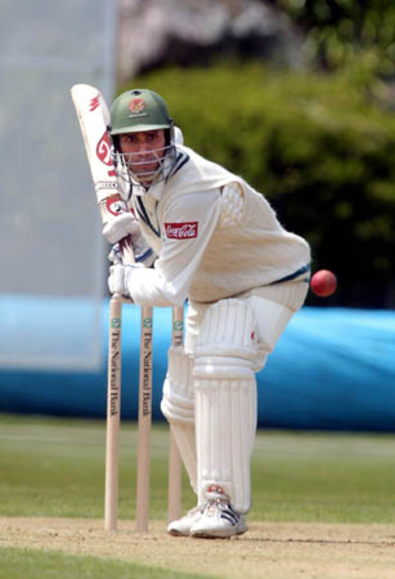 Bangladeshi batsman Khaled Mashud watchfully faces a delivery during his innings of 30 not out. Tour match: Auckland v Bangladeshis at Eden Park Outer Oval, Auckland, 12-15 Dec 2001 (12 December 2001).
