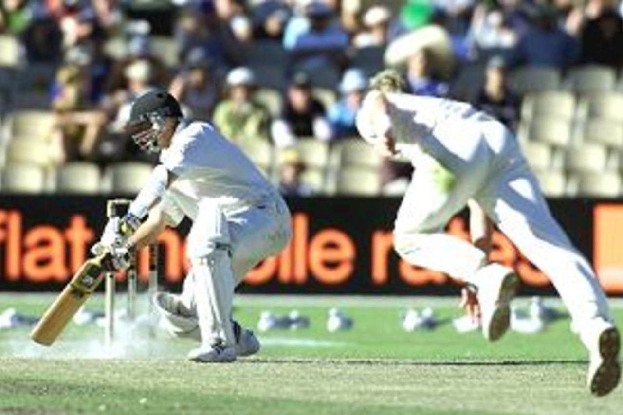 15 Dec 2001: Hershelle Gibbs of South Africa plays Brett Lee of Australia for 4 during the second day of play in the First Test between Australia and South Africa being played at the Adelaide Oval, Adelaide, Australia.