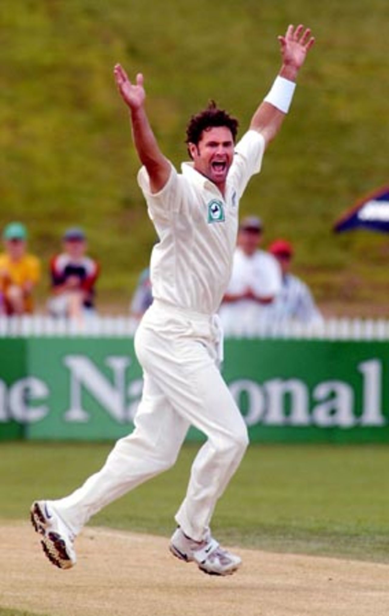 New Zealand bowler Chris Cairns successfully appeals for a catch by Mark Richardson at short leg to dismiss Bangladesh batsman Javed Omar for nine. 1st Test: New Zealand v Bangladesh at WestpacTrust Park, Hamilton, 18-22 Dec 2001 (21 December 2001).
