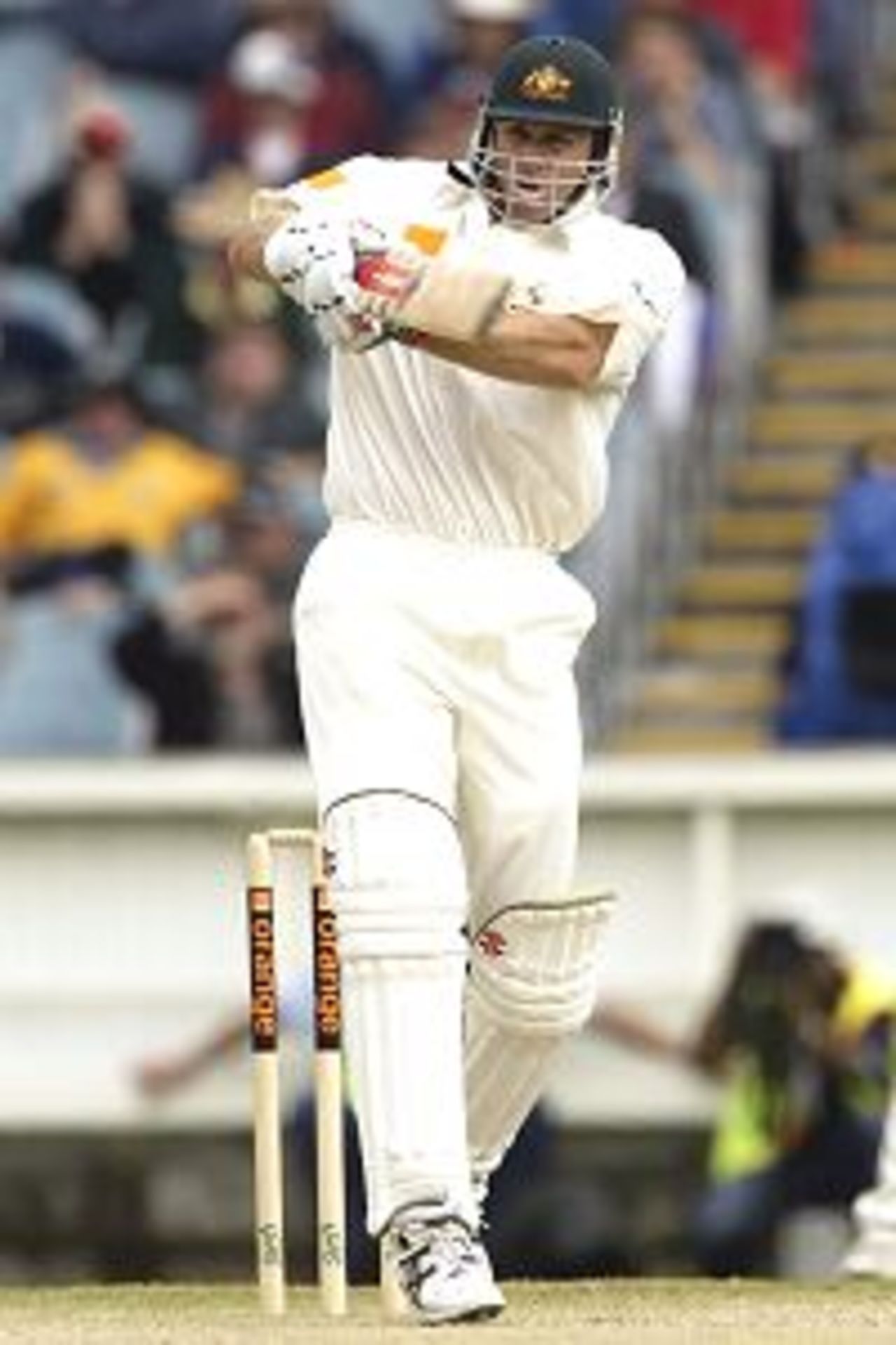 27 Dec 2001: Matthew Hayden of Australia hits out, during day two of the second Test between Australia and South Africa, played at the Melbourne Cricket Ground, Melbourne, Australia.