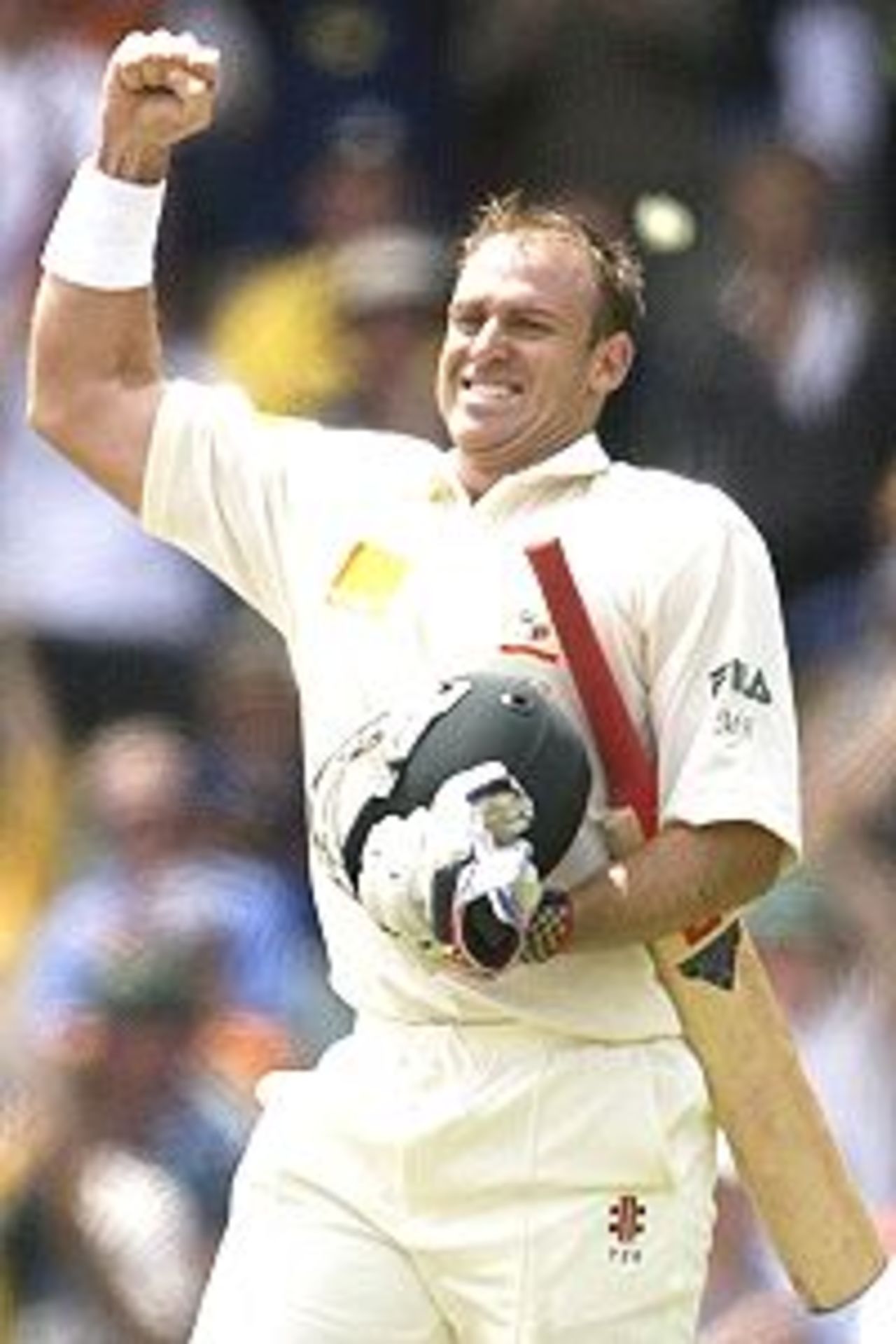 28 Dec 2001: Matthew Hayden from Australia celebrates after making a century, during the 3rd day of the Boxing Day Test match between Australia and South Africa at the Melbourne Cricket Ground in Melbourne, Australia.