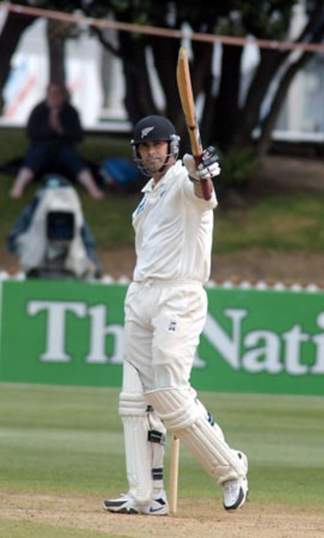 New Zealand batsman Stephen Fleming raises his bat upon reaching his 50. Fleming went on to score 61 in his first innings. 2nd Test: New Zealand v Bangladesh at Basin Reserve, Wellington, 26-30 Dec 2001 (29 December 2001).
