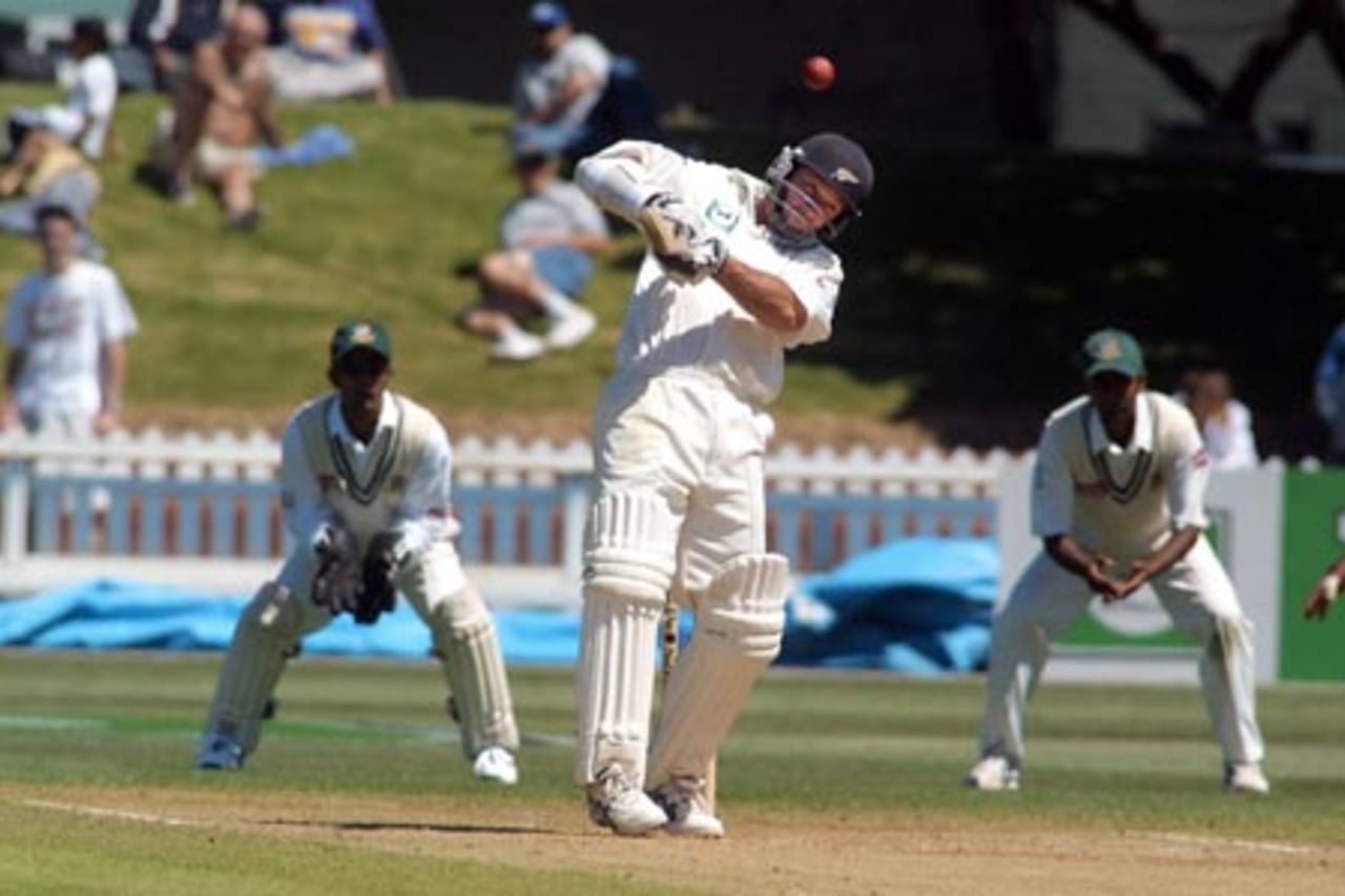 New Zealand batsman Mark Richardson miscues a pull from the bowling of Bangladesh bowler Hasibul Hossain to be caught by Mashrafe Mortaza at mid on for 83. 2nd Test: New Zealand v Bangladesh at Basin Reserve, Wellington, 26-30 Dec 2001 (29 December 2001).