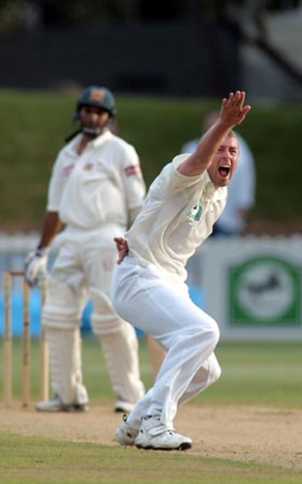 New Zealand bowler Chris Drum successfully appeals for the dismissal of Bangladesh batsman Habibul Bashar, lbw for 32 in his second innings. 2nd Test: New Zealand v Bangladesh at Basin Reserve, Wellington, 26-30 Dec 2001 (29 December 2001).