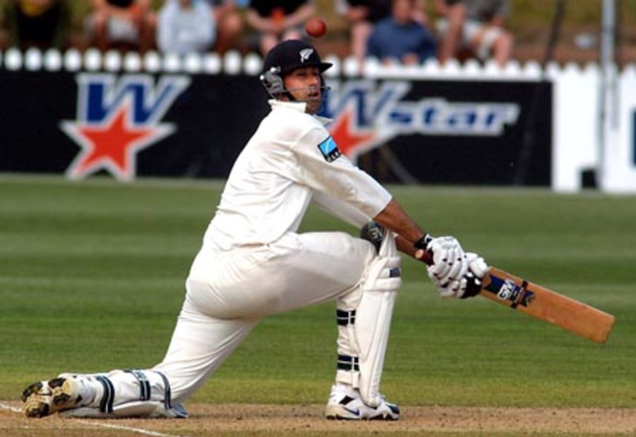 New Zealand batsman Stephen Fleming sweeps a delivery from Bangladesh bowler Aminul Islam during his first innings of 61. 2nd Test: New Zealand v Bangladesh at Basin Reserve, Wellington, 26-30 Dec 2001 (29 December 2001).