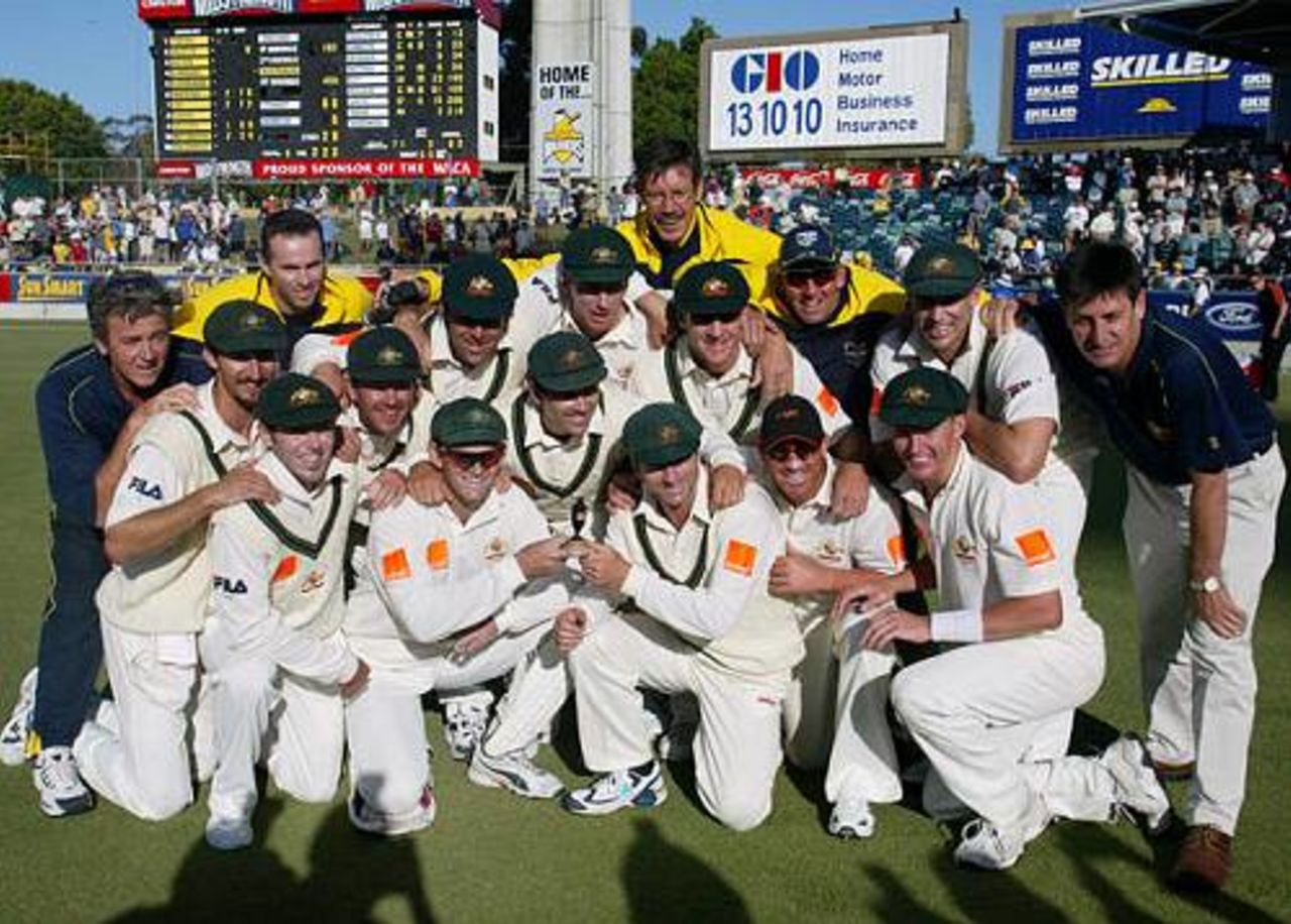 Australia celebrate retaining the Ashes after an innings and 48-run victory over England in the third Test in Perth, 1 Dec 2002
