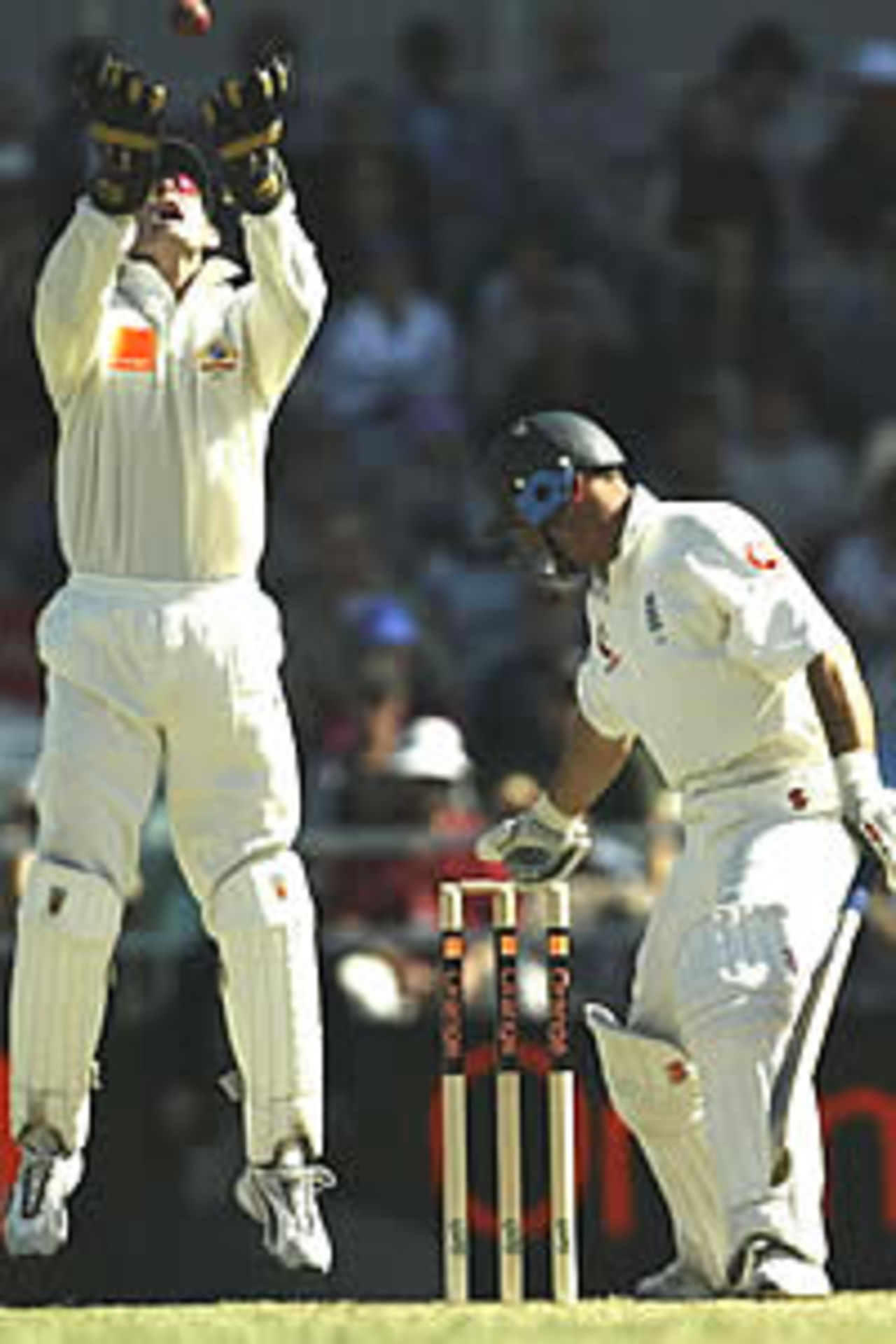 PERTH- DECEMBER 1: Adam Gilchrist celebrates taking the dismissal of England captain Nasser Hussain during the third day of the third Ashes Test between Australia and England at the WACA in Perth, Australia on December 1, 2002