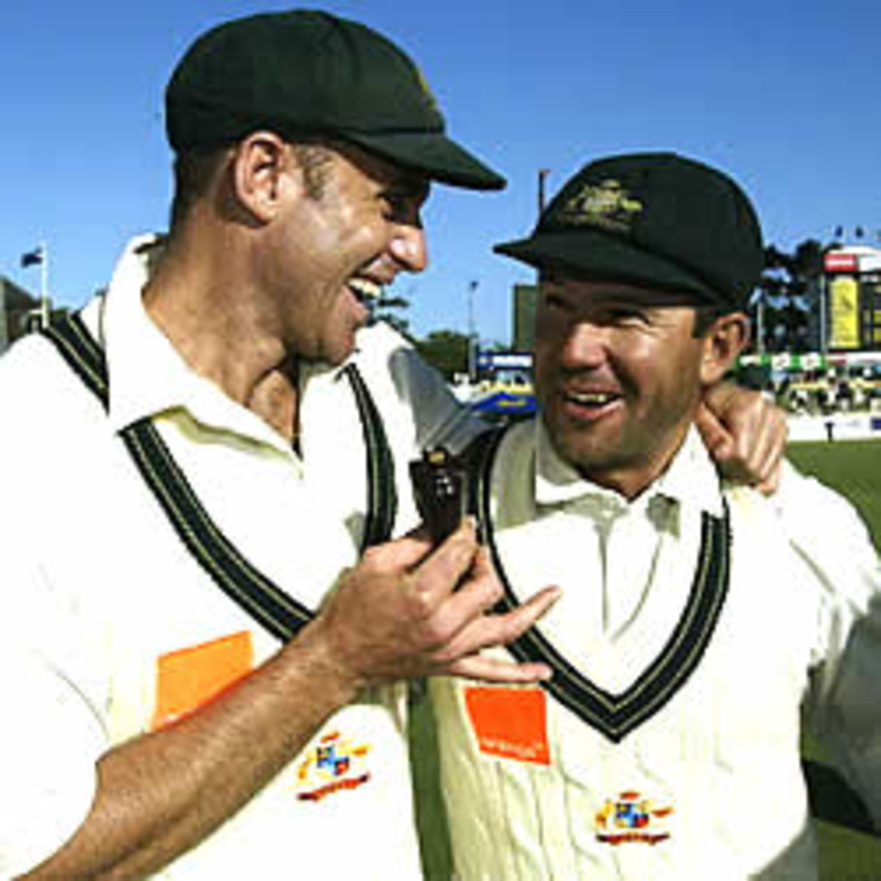 PERTH - DECEMBER 1: Matthew Hayden and Ricky Ponting of Australia celebrate with a replica urn during the third day of the third Ashes Test between Australia and England at the WACA in Perth, Australia on December 1, 2002. Australia won the match and retain the Ashes by taking an unbeatable 3 - 0 lead in the series.