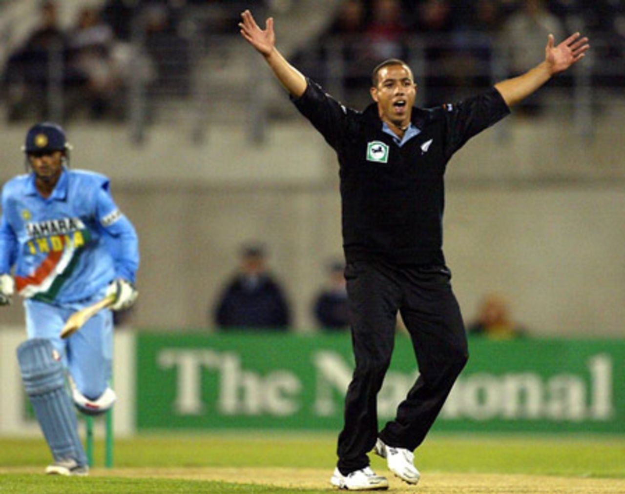 New Zealand bowler Andre Adams appeals for lbw against Indian batsman Mohammad Kaif during his second innings spell of 3-15 from two overs. The appeal was turned down by umpire Dave Quested. Super Max International: New Zealand v India at Jade Stadium, Christchurch, 4 December 2002.