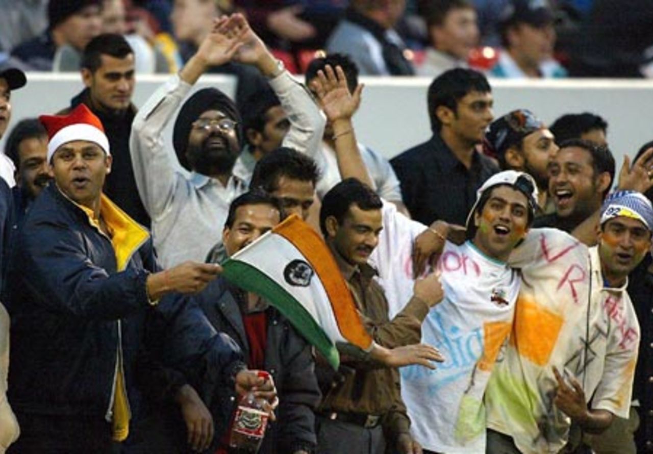 Indian fans enjoy the action in the middle. Super Max International: New Zealand v India at Jade Stadium, Christchurch, 4 December 2002.