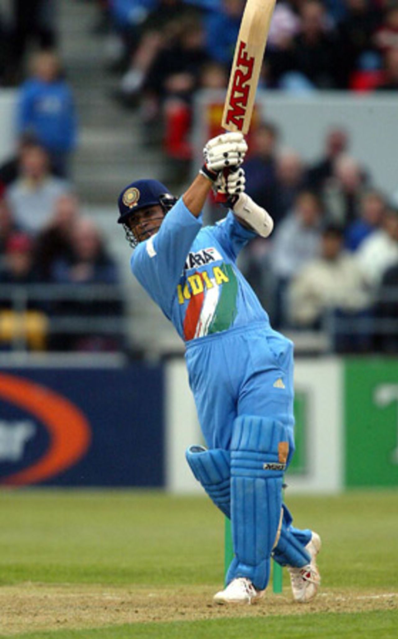 Indian batsman Tendulkar lofts a delivery down the ground during his first innings of 72. Super Max International: New Zealand v India at Jade Stadium, Christchurch, 4 December 2002.