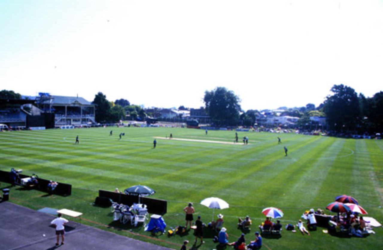 An elevated view of the ground during play. State Shield: Auckland v Northern Districts at Eden Park Outer Oval, Auckland, 2 January 2002.