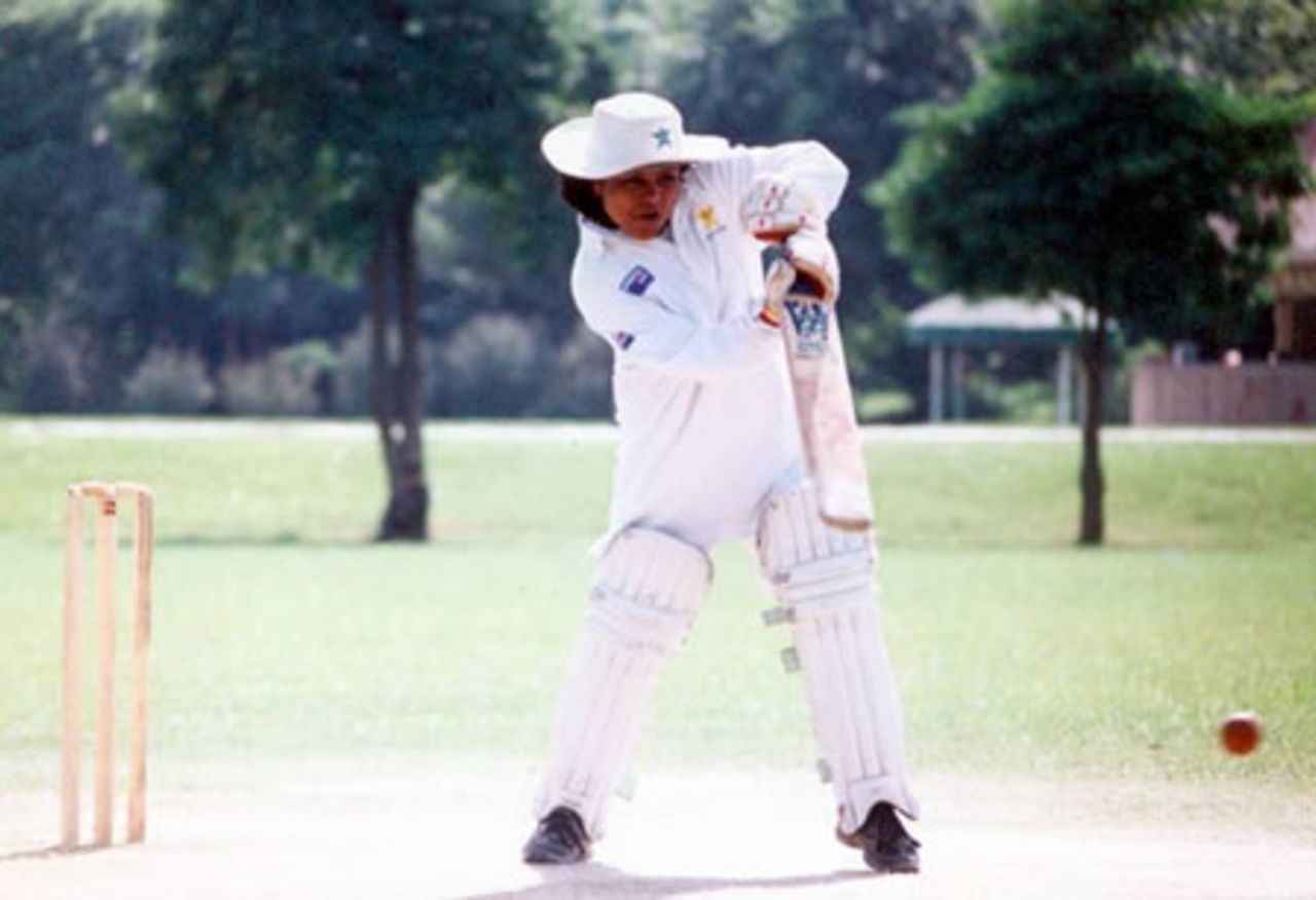 Punjab Greens Women Team captain Raeesa Ilyas defends against Sindh Women, National QEA Women Cricket Trophy 2002 at Race Course Park, 30 Sept to 5 Oct 2002