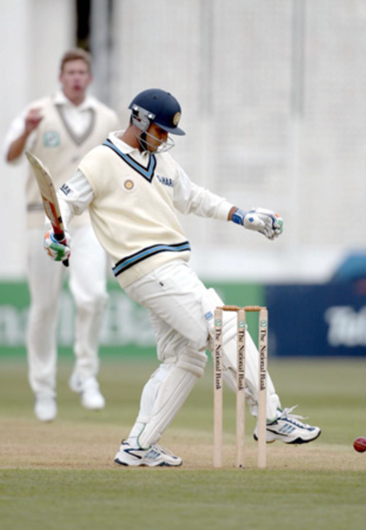 Indian batsman Sourav Ganguly kicks the ball away after a delivery from New Zealand bowler Jacob Oram threatened the stumps. 1st Test: New Zealand v India at Basin Reserve, Wellington, 12-16 December 2002 (12 December 2002).