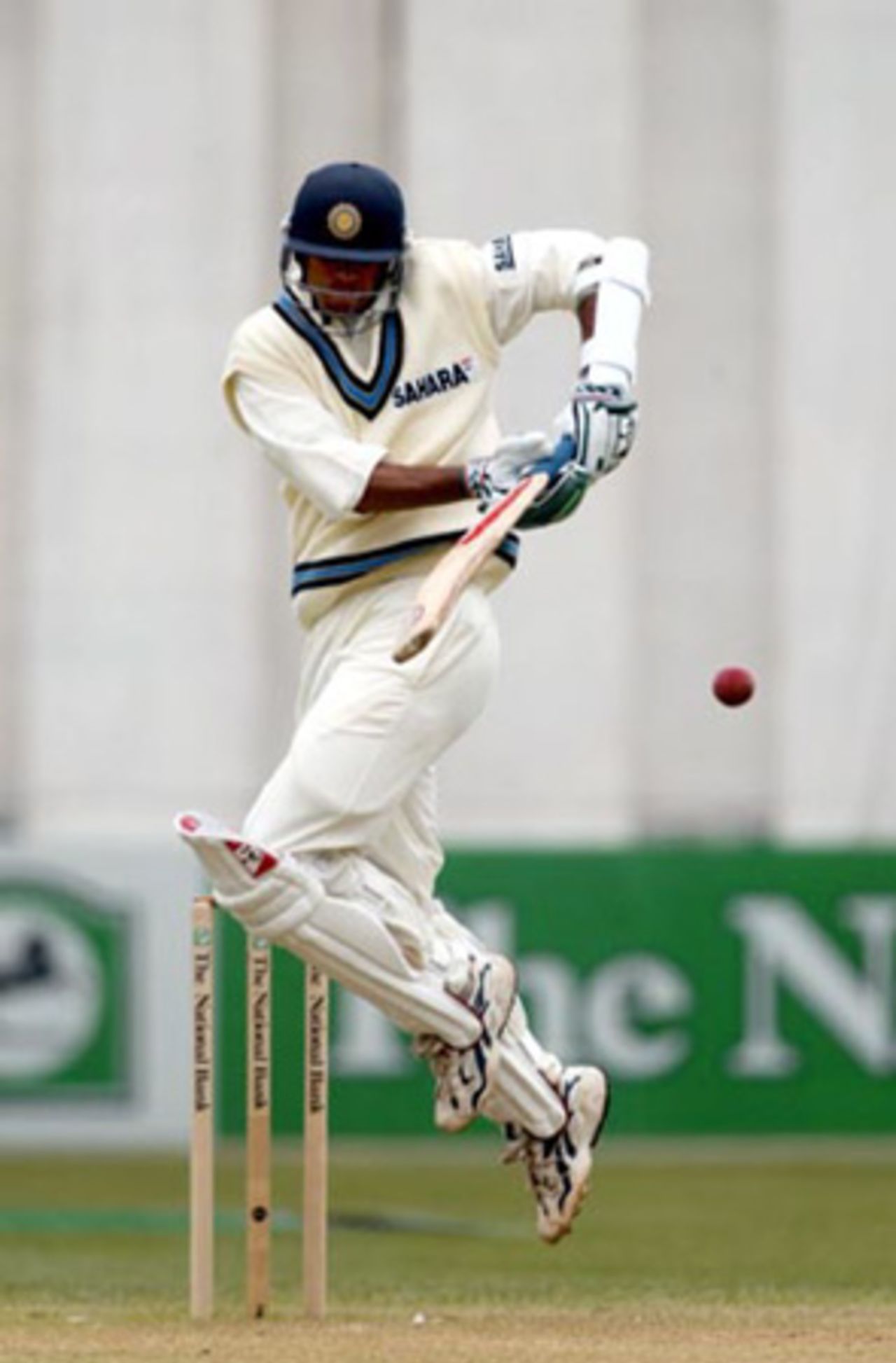 Indian batsman Rahul Dravid jumps to fend a short delivery down into the leg side during his first innings of 76. 1st Test: New Zealand v India at Basin Reserve, Wellington, 12-16 December 2002 (12 December 2002).