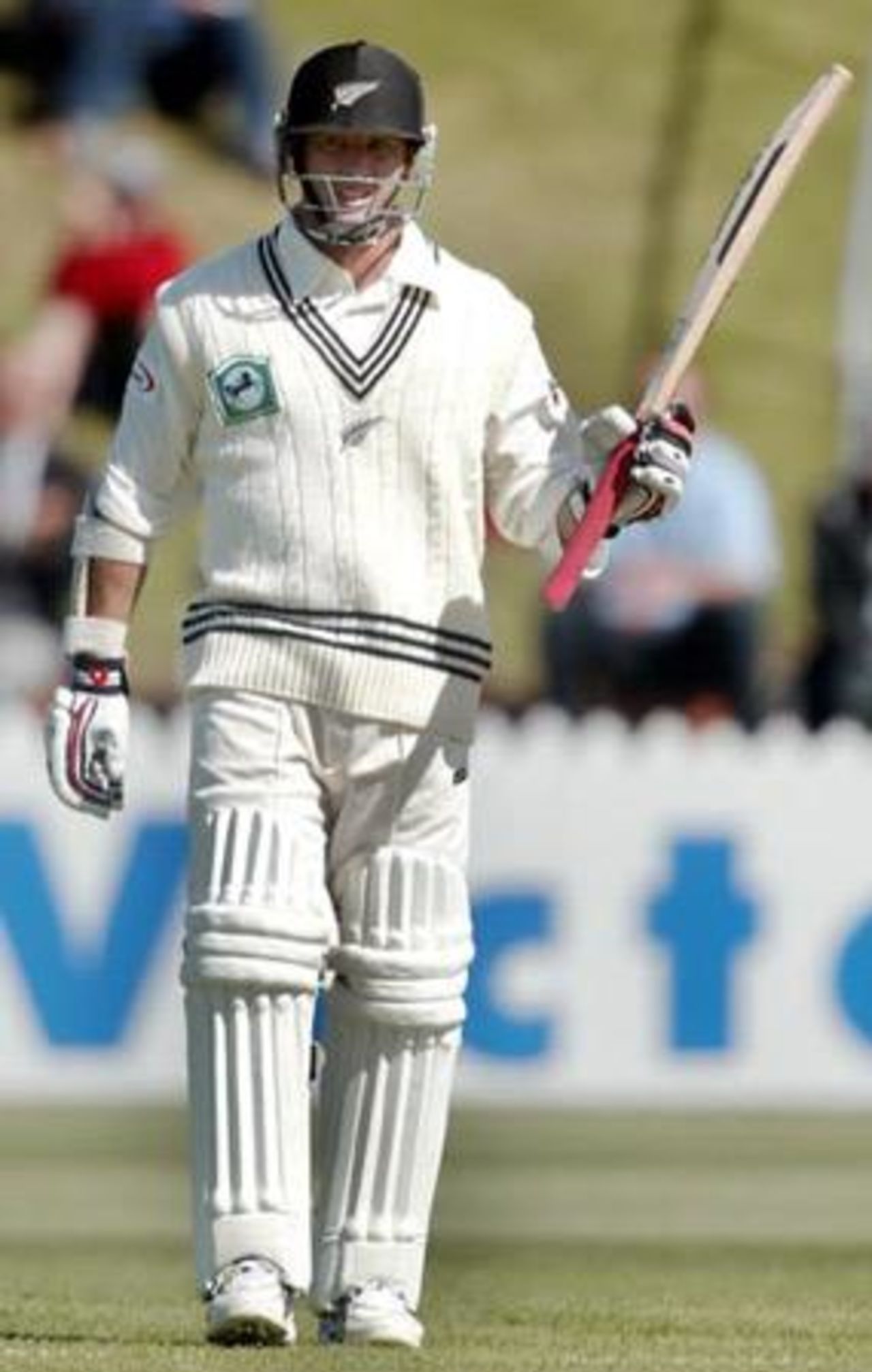 New Zealand batsman Mark Richardson raises his bat to celebrate reaching fifty in the first innings. Richardson ended the second day's play on 83 not out. 1st Test: New Zealand v India at Basin Reserve, Wellington, 12-16 December 2002 (13 December 2002).