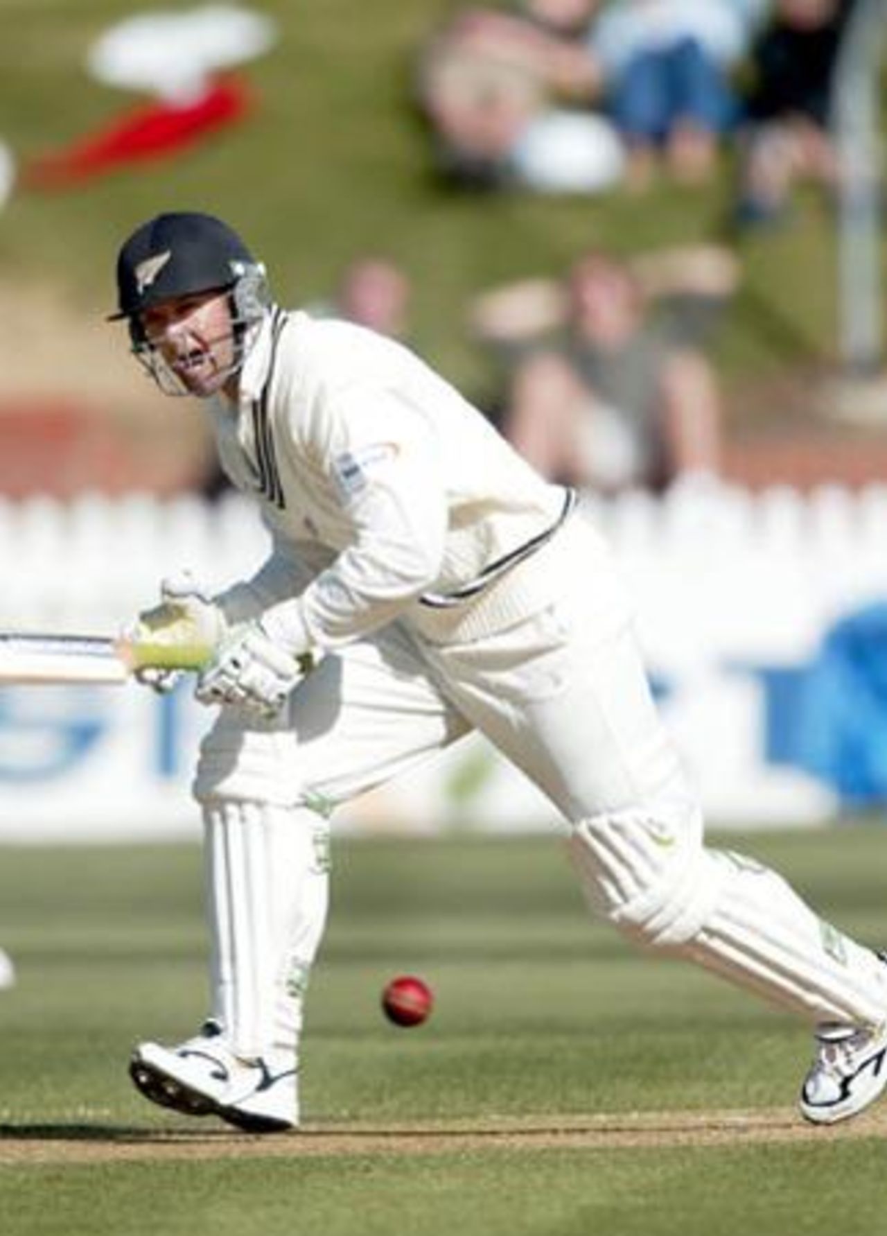 New Zealand batsman Nathan Astle calls batting partner Mark Richardson through for a quick single during his first innings of 41. 1st Test: New Zealand v India at Basin Reserve, Wellington, 12-16 December 2002 (13 December 2002).