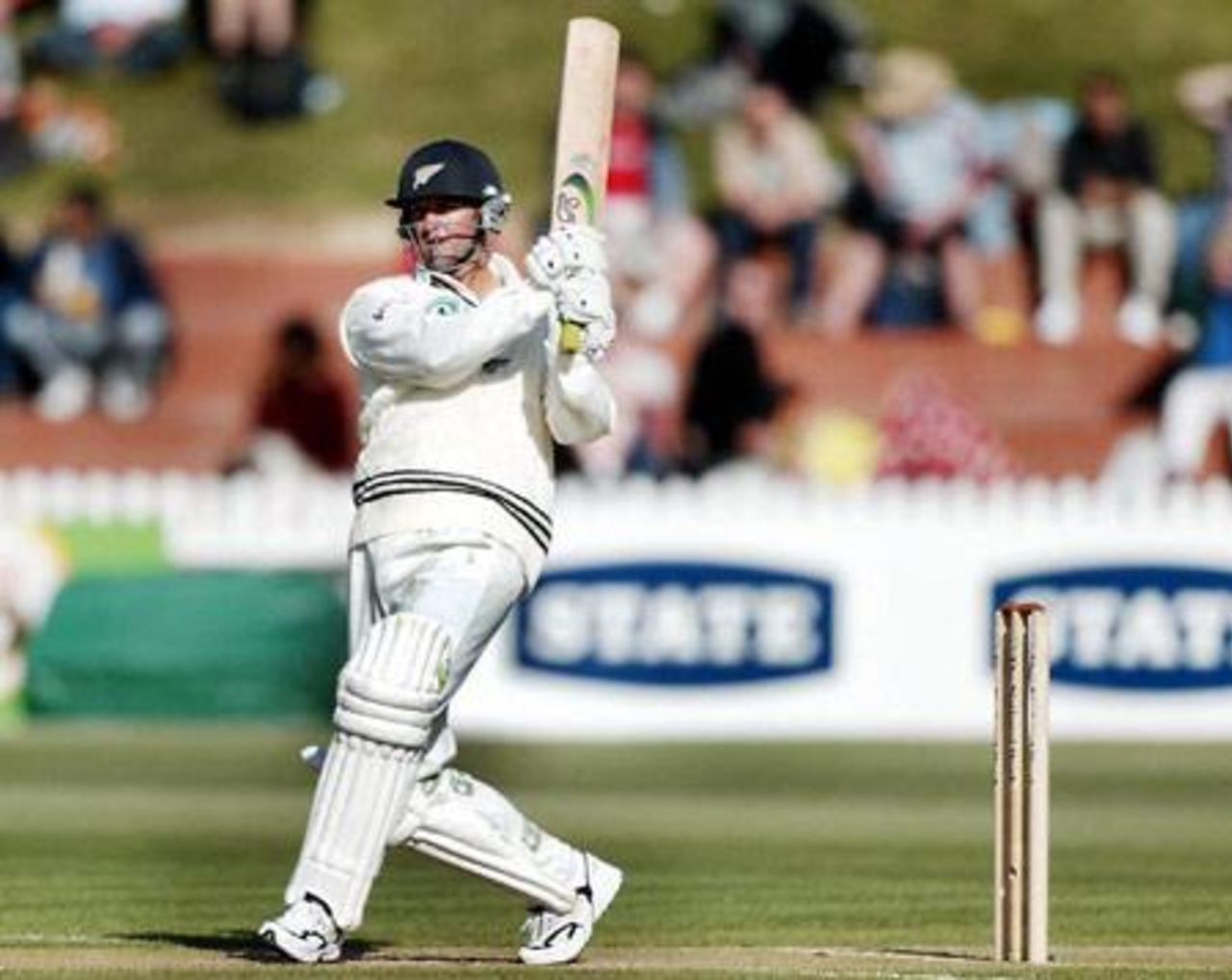 New Zealand batsman Nathan Astle pulls a delivery from Indian bowler Ajit Agarkar to the midwicket boundary for four during his first innings of 41. 1st Test: New Zealand v India at Basin Reserve, Wellington, 12-16 December 2002 (13 December 2002).