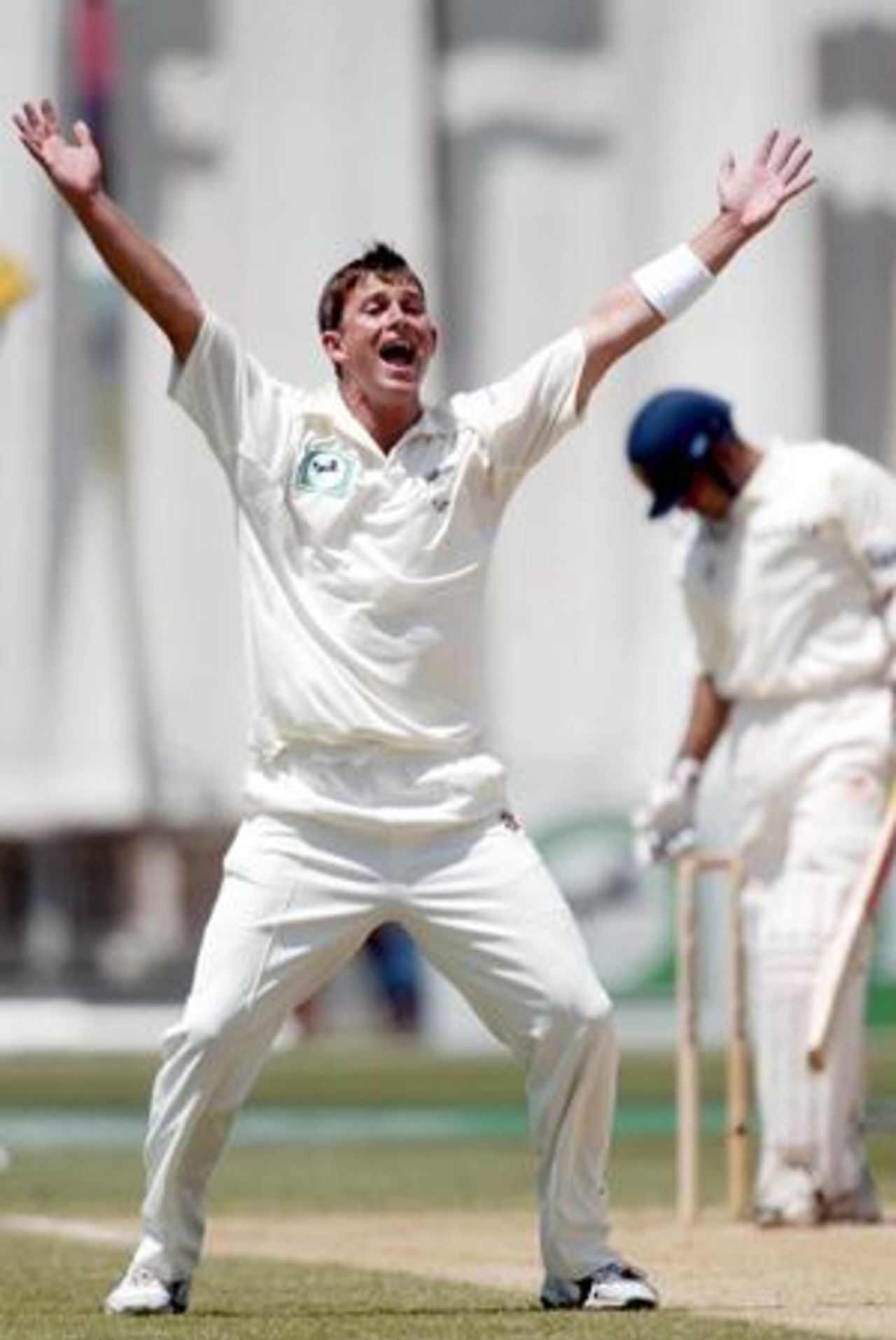 New Zealand bowler Shane Bond successfully appeals for lbw to dismiss Indian batsman Virender Sehwag in his second innings for 12. 1st Test: New Zealand v India at Basin Reserve, Wellington, 12-16 December 2002 (14 December 2002).